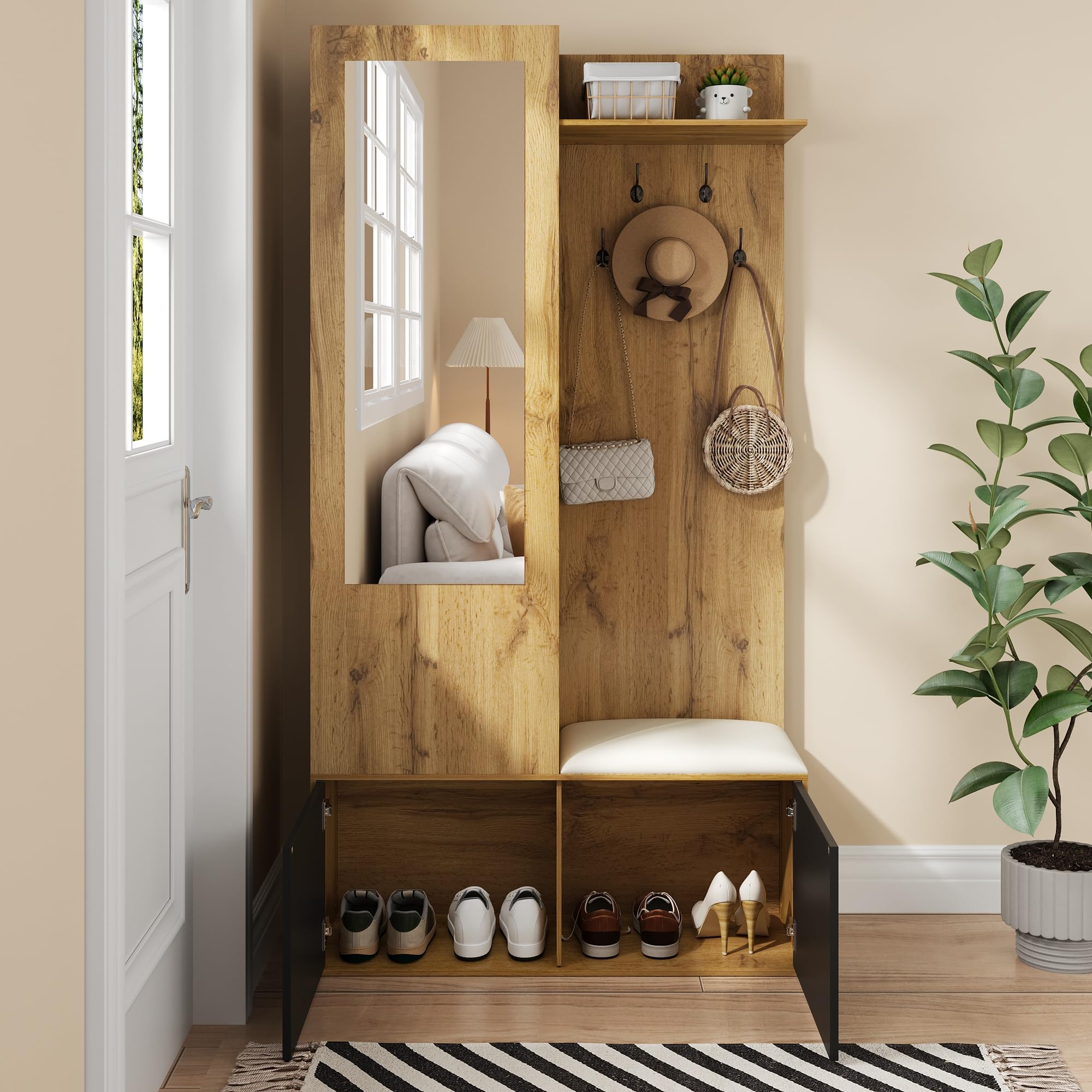 Il set di armadi comprende 5 ganci appendiabiti, uno specchio, una scarpiera, una zona superiore nascosta da appendere e una panca appendiabiti per il corridoio. (100 L x 38 W x 191 H (cm))