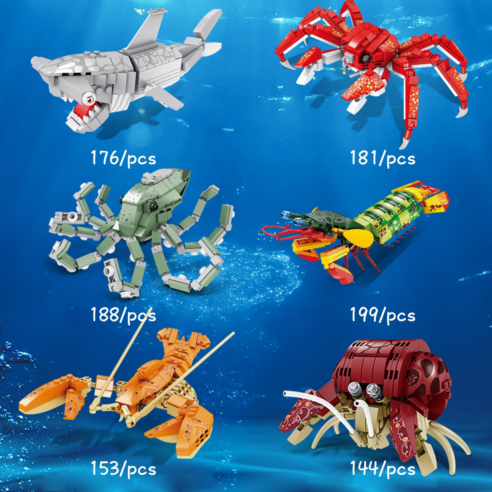Oichy Sea Animal Building Block Sets 6-in-1 Ocean Series Building Toys Educational Brick Sets for Childs and Adults (Avg 174pcs) - Image 3