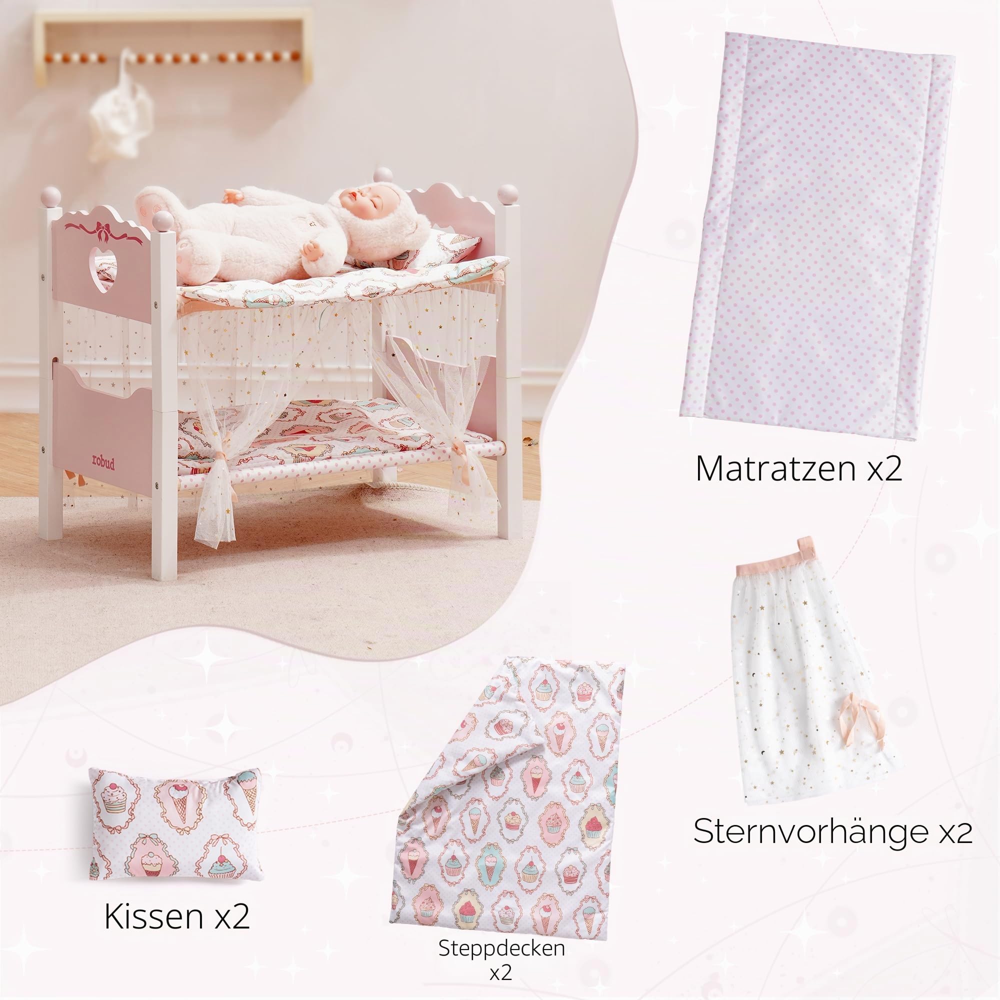 ROBUD Holzpuppen-Etagenbett, 2-in-1-Convertible Puppenbett mit Bettwäsche, Baldachin Vorhänge & Herz Kopfteil, Baby-Puppenbett für 18-Zoll-Puppen, Puppen-Zubehör Geschenk für Kinder ab 10M, Rosa