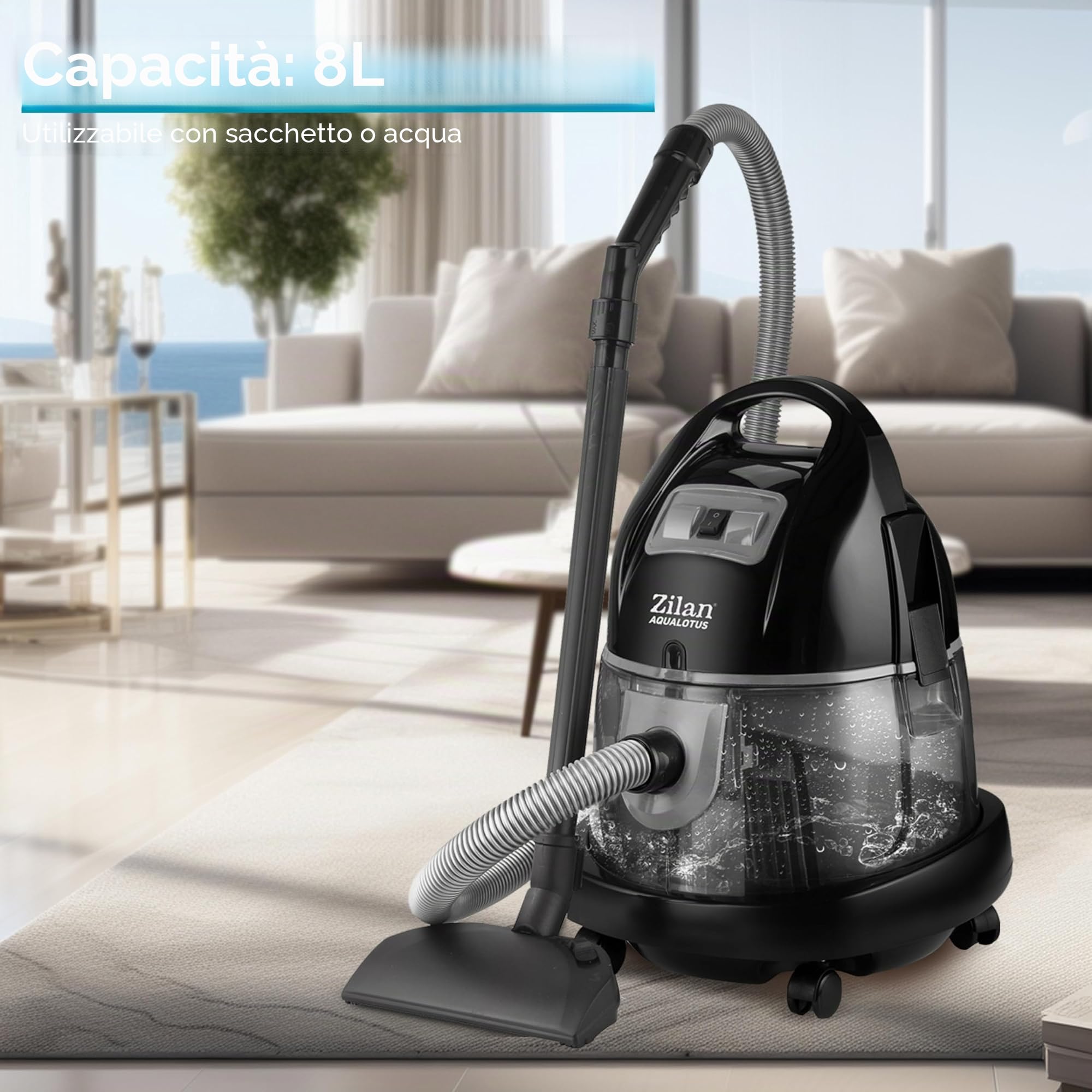 Zilan Aspirapolvere con filtro dell'acqua, per chi soffre di allergie, aspirapolvere senza sacchetto, classe energetica A H20, potenza di aspirazione 2.000 Watt