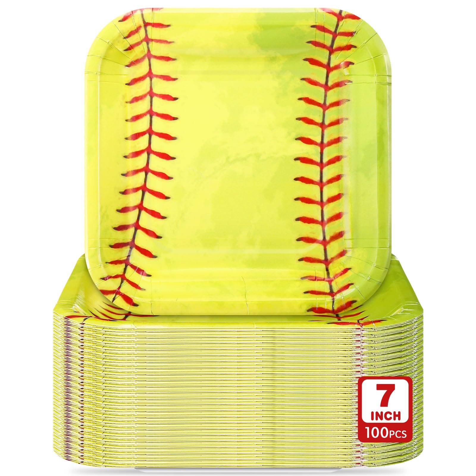 Potchen 100 Pcs Vintage Softball Paper Plates Bulk 7 x 7 Inch Softball Birthday Party Supplies Disposable Square Paper Plates for Birthday Boys Baby