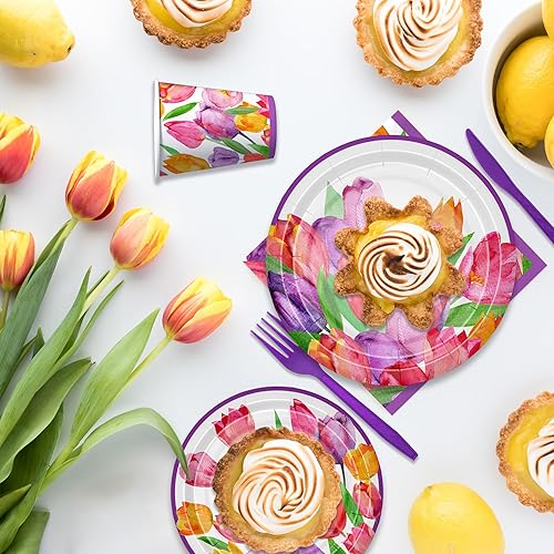 Miniatura 5 de APOWBLS Vajilla de decoración floral de tulipanes para fiesta, suministros de fiesta de flores de tulipán para cumpleaños, baby shower, plato de