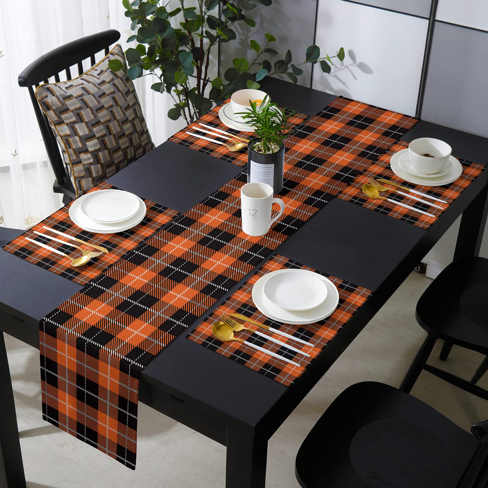 Kitchen Elegant Placemats with Matching Table Runner, Heat-Resistant Washable Farmhouse Cotton Linen Table Mats Sets for Dining Table, Parties & Thanksgiving, Thanksgiving Orange and Black Lattie