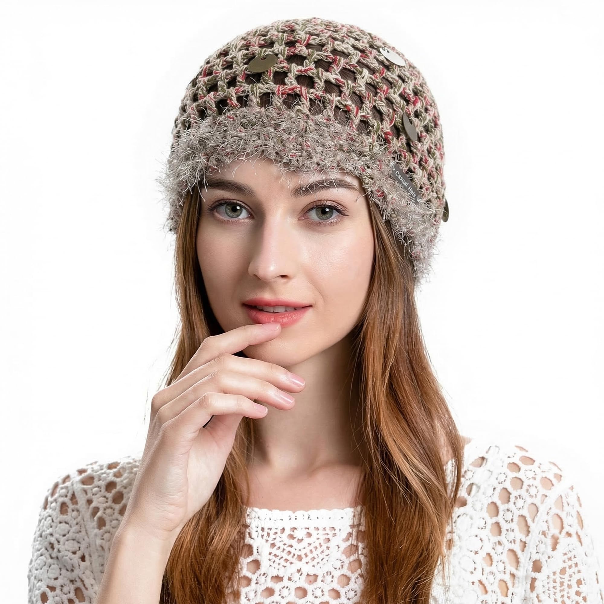 ZLYC Women Cotton Crochet Skull Cap Handmade Knit Cutout Floral Beanie Hat(Paillettes Mixed Color),One Size