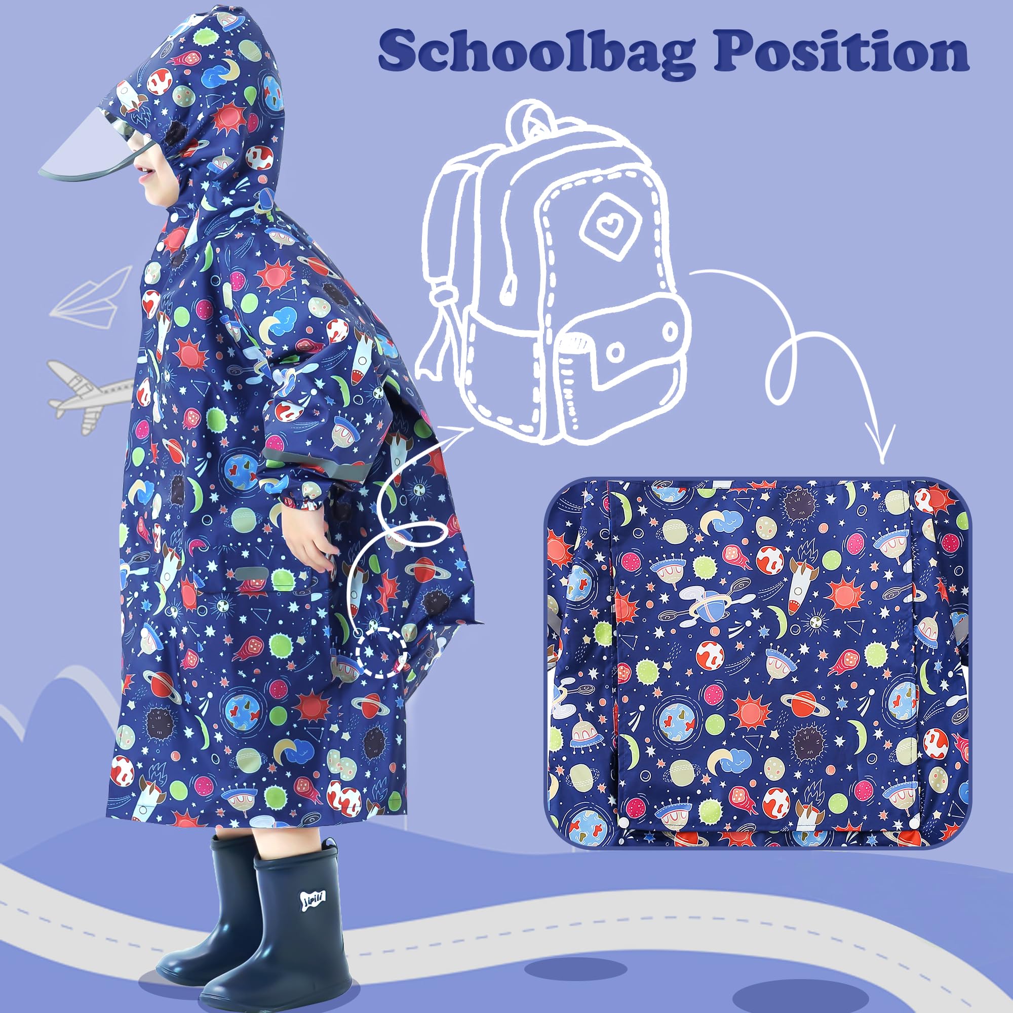 Chubasquero para Niñas Poncho Impermeable Ligero Lindos Poncho de Lluvia con Capucha y Rayas Reflectantes Plegable Chaqueta Impermeable Unisex Infantil 3-12 años