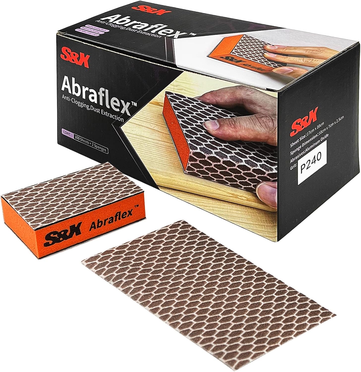 S&X Sanding Block Hook and Loop Sandpaper Assortment, 100-Pack, Multipurpose Coarse Medium Fine Sanding Sponge Set for Wood, Drywall, Metal, Washable and Reusable (Grit 240)