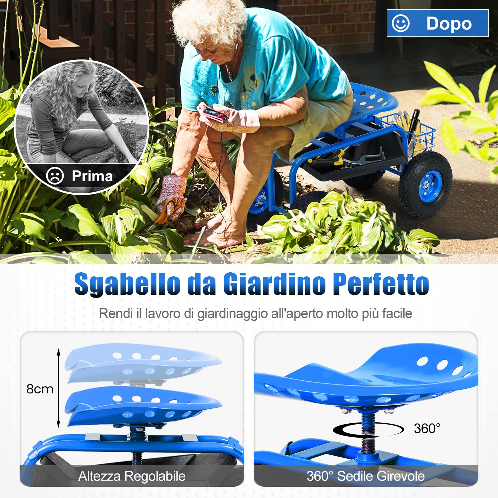 RELAX4LIFE Sgabello da Giardino per Esterno, Portata 130 kg, Sedia Carrello da Giardino con 4 Rotelline, Altezza Regolabile, Sgabello per Giardinaggio Potatura Orto (Blu)
