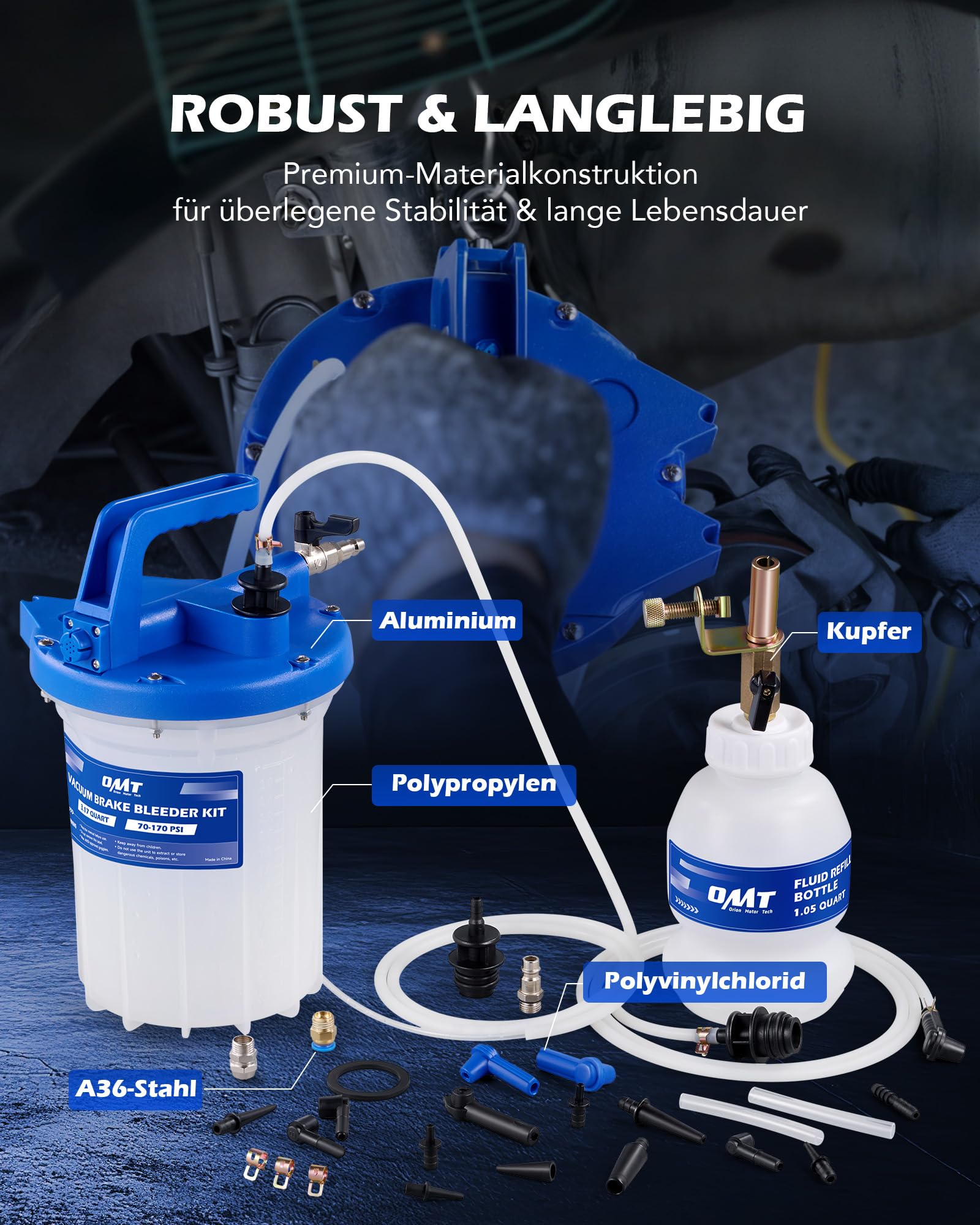 Orion Motor Tech 3L Bremsenentlüftungsgerät Druckluft mit 18 Universal-Adaptern & 1L Nachfüllflasche, Profi Bremsflüssigkeitswechselgerät Set KFZ