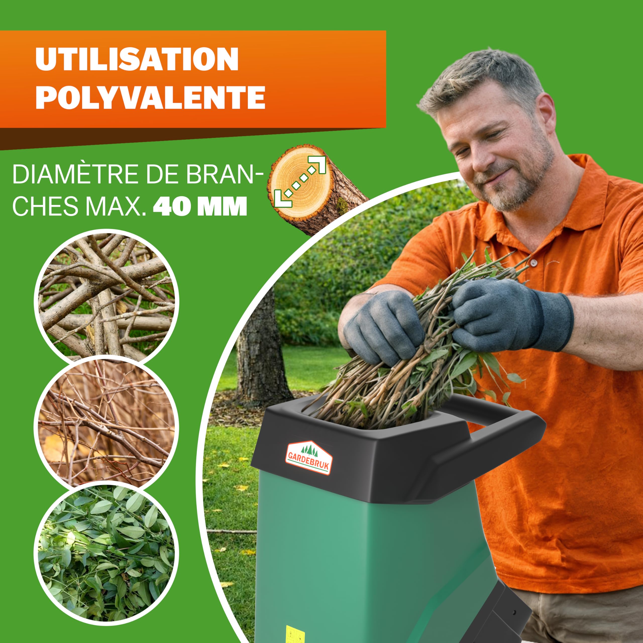 Gardebruk® Broyeur de végétaux électrique 3.1000W broyeur de Branches Couteau Lame Max. 40mm bac 50L broyeur de Jardin déchiqueteur Bois Compost Jardin
