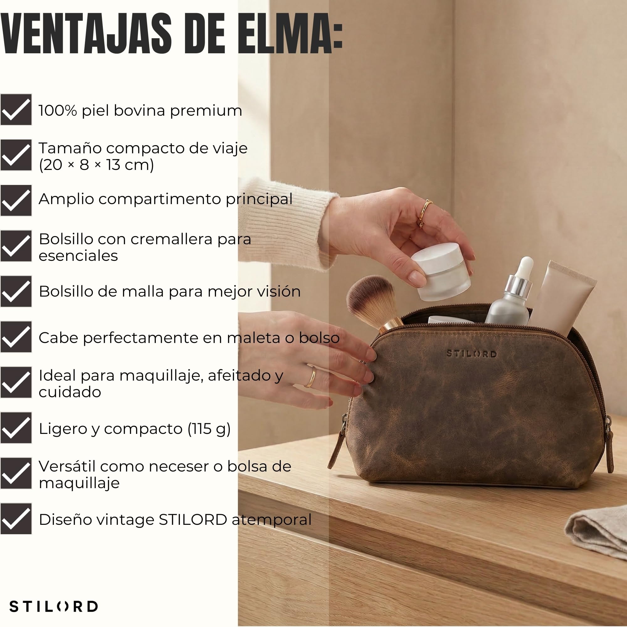 STILORD Elma Neceser Mujer Piel Neceser Hombre | Bolsa de Aseo Pequeña de Cuero Auténtico Organizador de Cosméticos para Viaje Color:marrón - Medio
