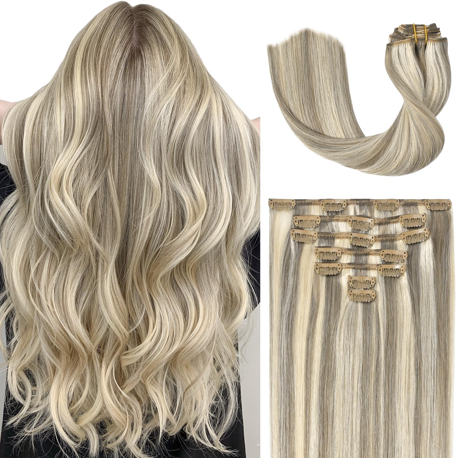 Clip in Hair Extensions Blonde Highlighted Human Hair Balayage Hair Extensions Mixed Bleach Blonde 15 inch 70g Fine Hair Full Head Silky Straight 100% Human Hair Clip In Extensions