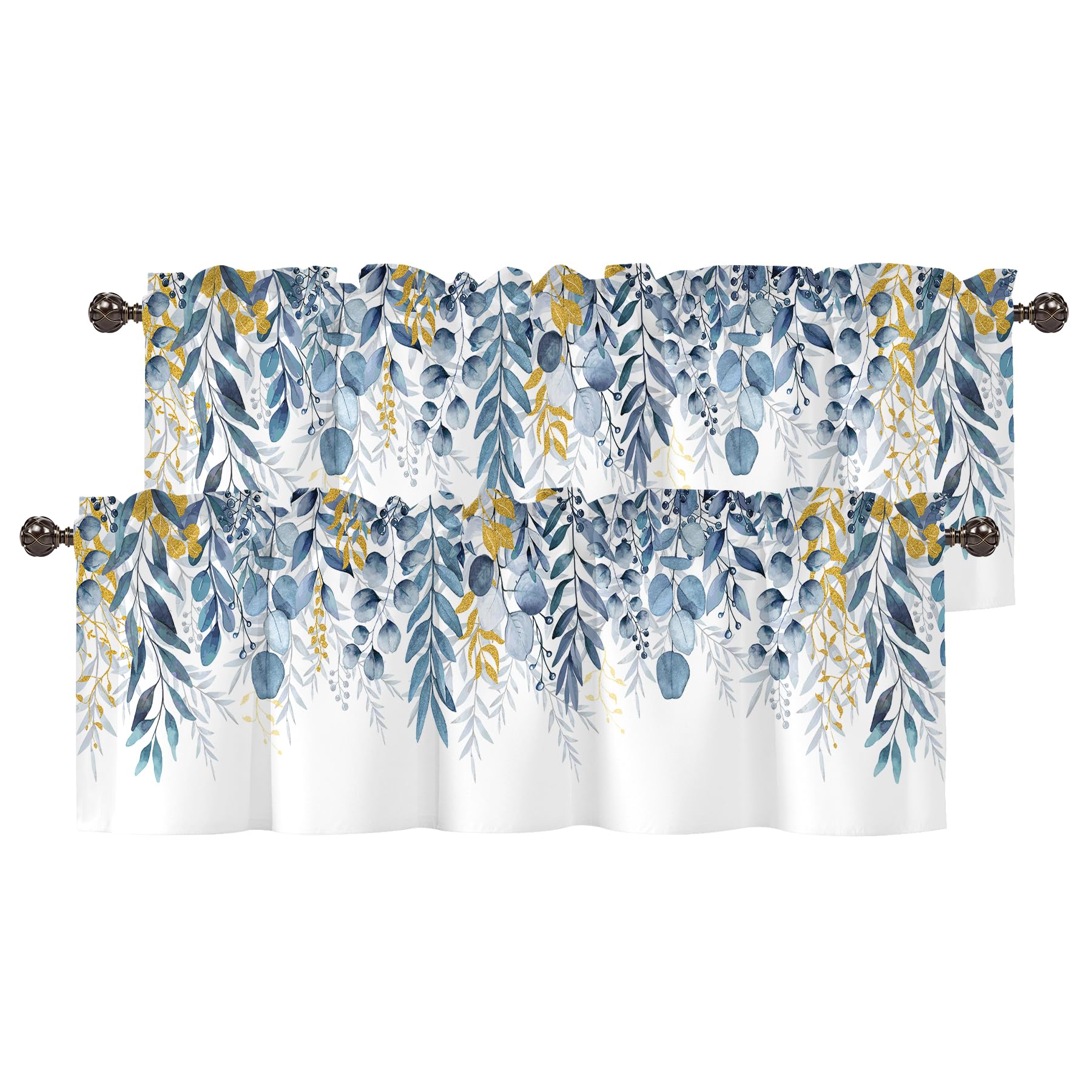 Blue Leaves Window Valance, Short Rod Pocket Curtain Sheer 42x12 in