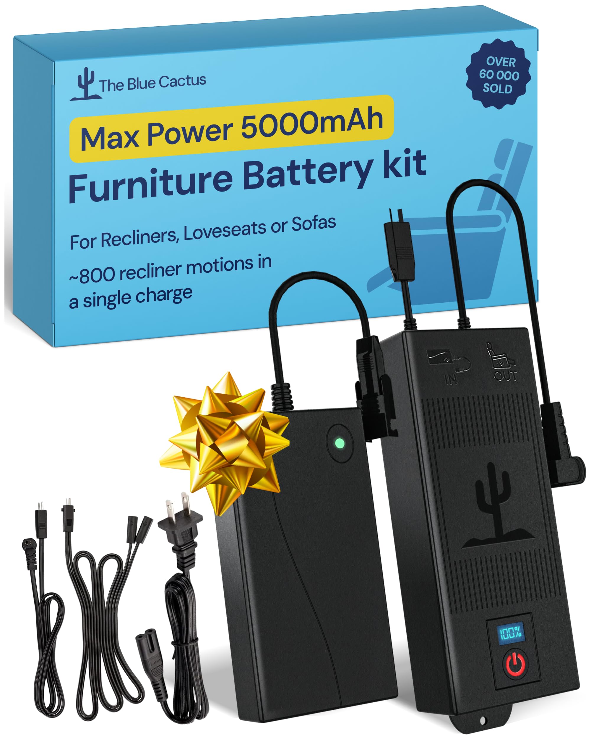 5000mAh Battery Pack for Reclining Furniture - Recliner Battery Pack with LED Screen and Low Charge Alerts - Rechargeable Couch Battery Pack for Cordless Backup Power - Works Plugged In or Unplugged