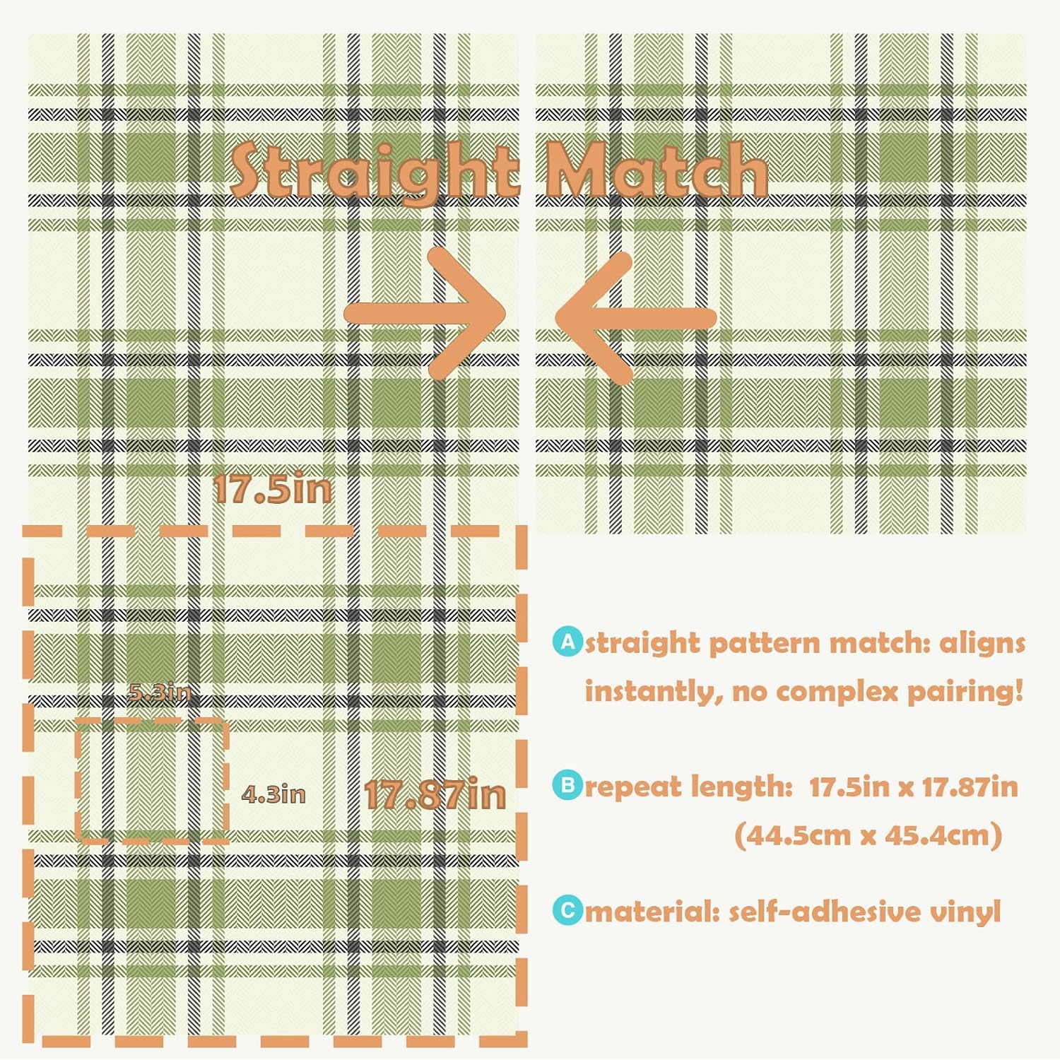 Stickyart 17.5"x276" Modern Farmhouse Herringbone Plaid Wallpaper Peel and Stick Vintage Cottage Core Sage Green Cream Plaid Contact Paper Preppy Scottish Tartan Wall Paper for Bedroom Bathroom Wall
