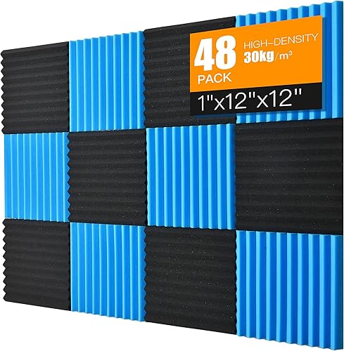 Paneles de espuma a prueba de sonido para pared, paquete de 48 paneles acústicos absorbentes de sonido, 1 x 12 x 12 pulgadas, espuma insonorizada a