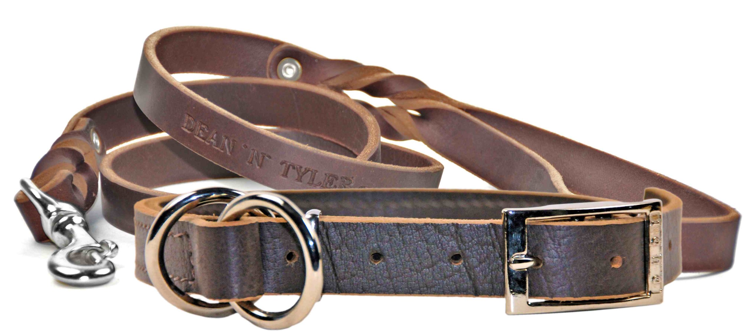 Collier marron pour grand chien résistant aux tractions avec laisse inox