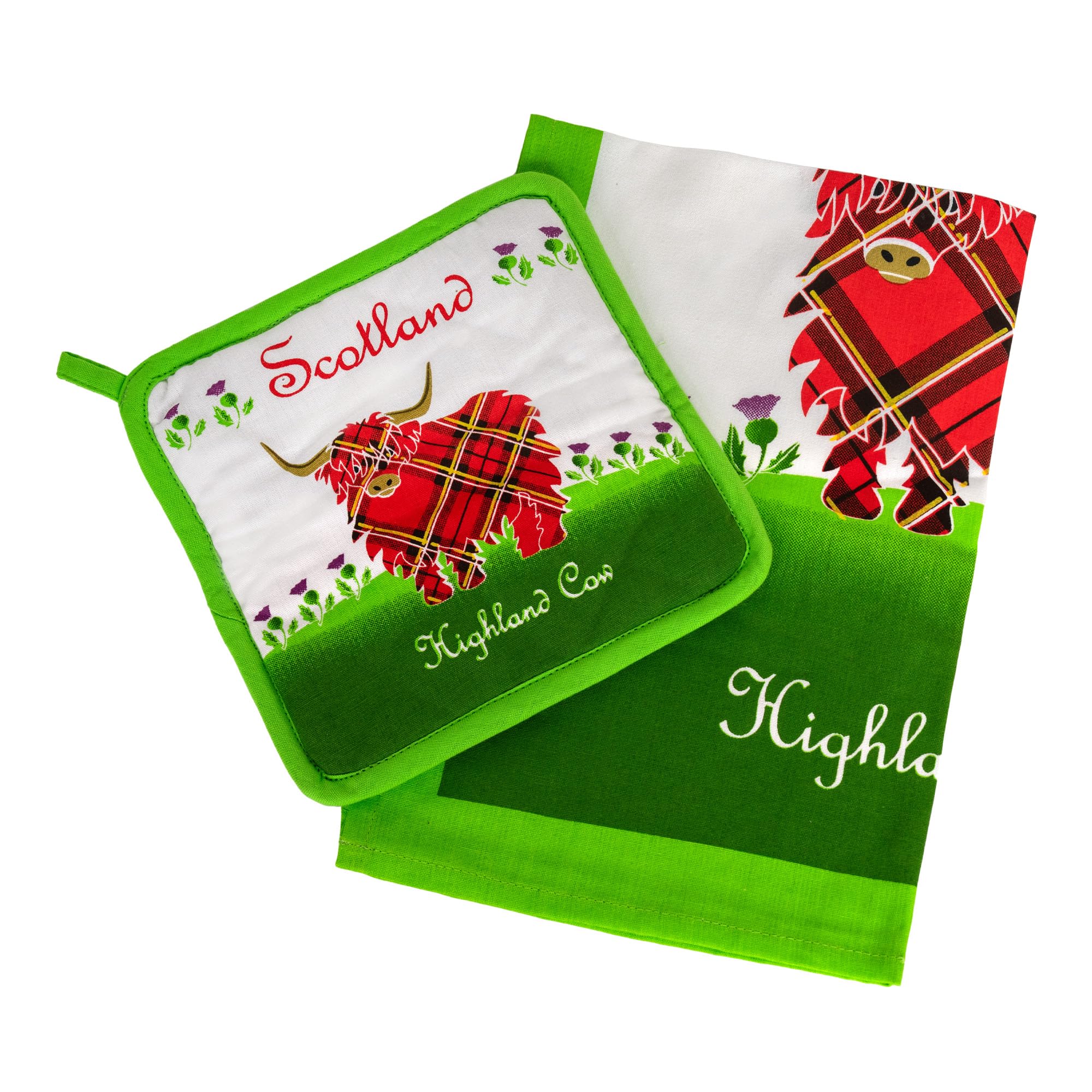 Torchon en coton et porte-casserole de cuisine motif tartan et vache Highland