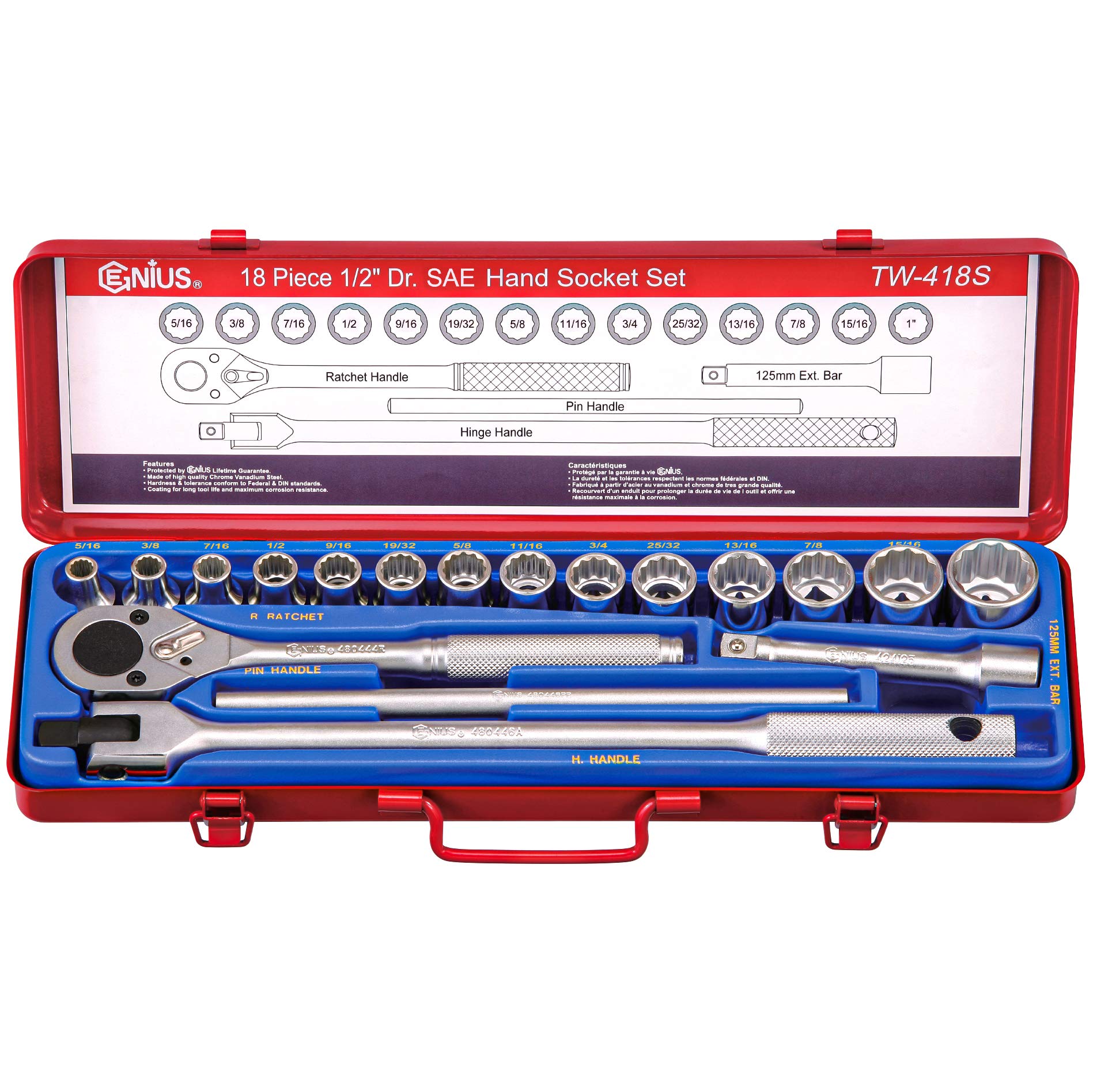 Genius Tools18 Piece 1/2" Dr. SAE Hand Socket Set (12-Point) TW-418S