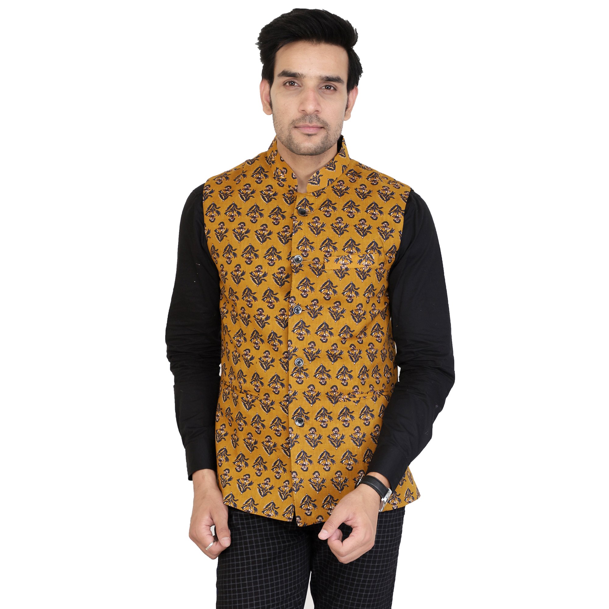 oshano Cotton Printed Waistcoat for Men Yellow-picture-45