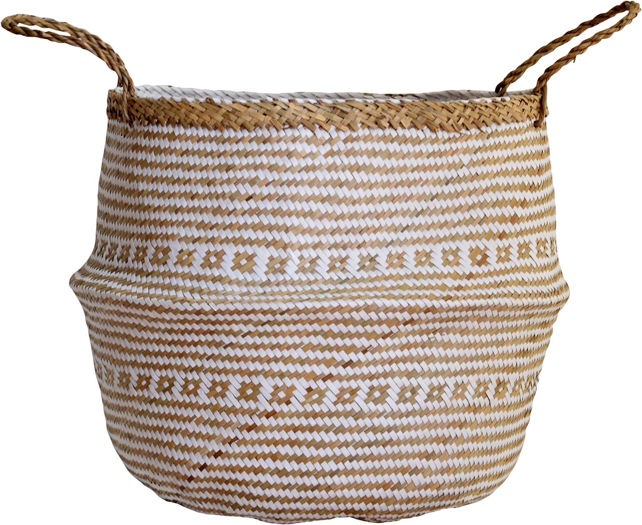 Large Natural and Plush Woven Seagrass Tote Belly Basket for Storage, Laundry, Picnic, Plant Pot Cover, and Beach Bag (Plush Criss-Cross Seagrass White, Large)