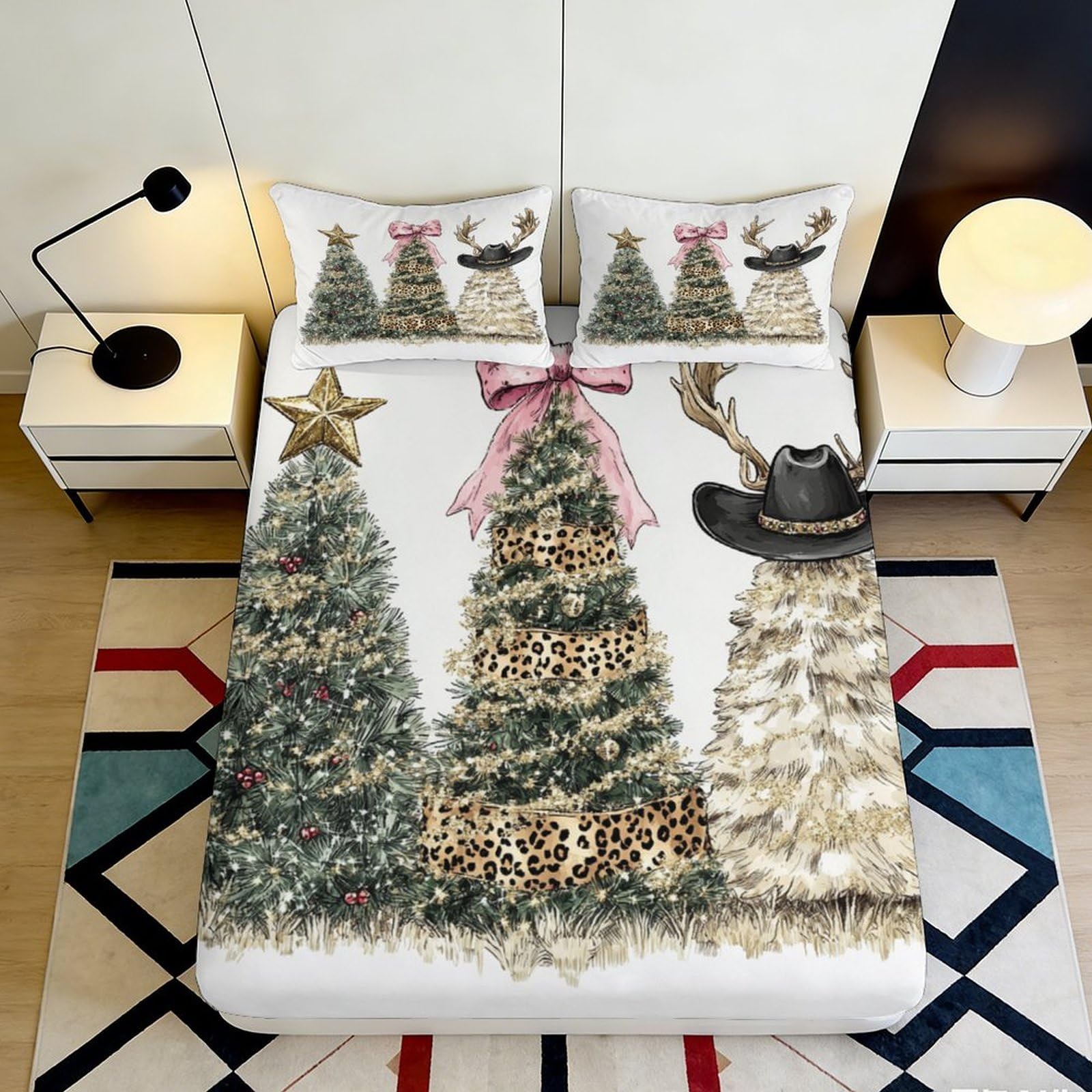 3D Printed Christmas Tree Fitted Sheet Microfiber Non-Slip Deep Pocket Xmas Tree Mattress Fitted Cover Washable Home Bedding 140x200x25cm