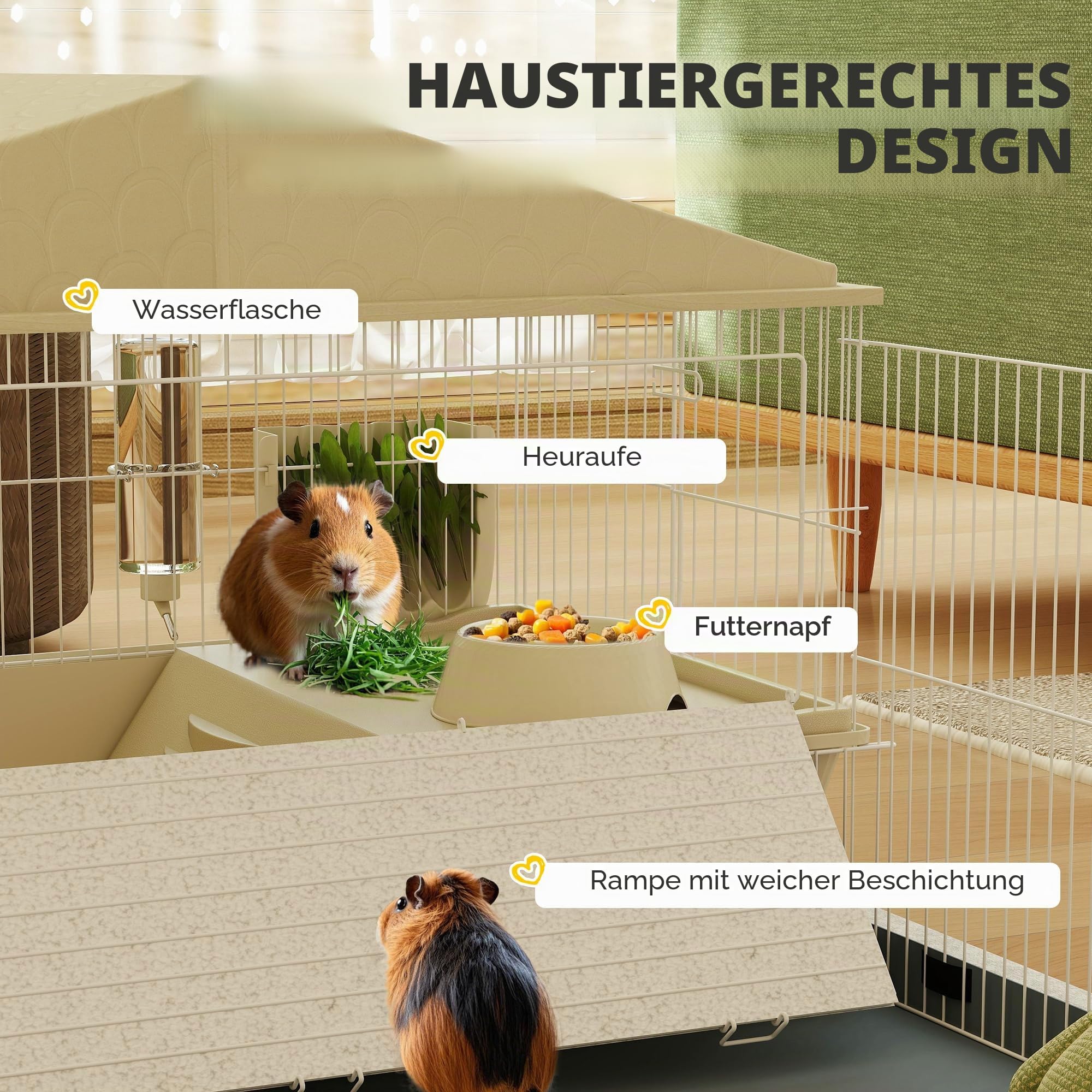 PawHut Meerschweinchenkäfig, Kleintierkäfig mit herausnehmbarem Laufstall wasserfeste Matte, Balkon, Futternapf, Rampe mit weicher Abdeckung, 4 Räder, für Meerschweinchen, Igel beige