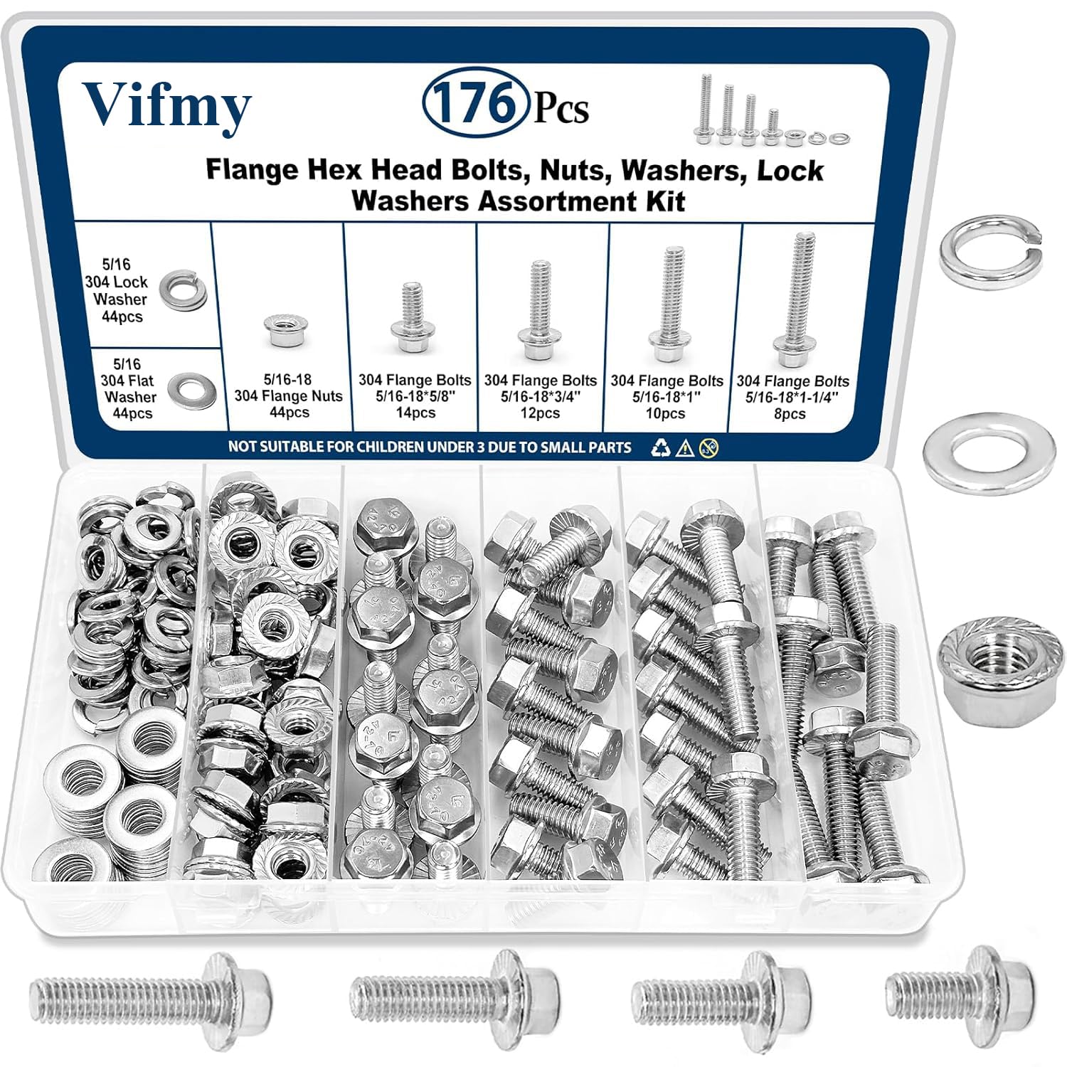 Vifmy 5/16-18 x 5/8", 3/4", 1", 1-1/4" Flange Hex Head Bolts Assortment Kit (176 Pack) with Serrated Flange Nuts, Washers & Lock Spring Washers, Hex Head Screw, Stainless Steel Full Thread