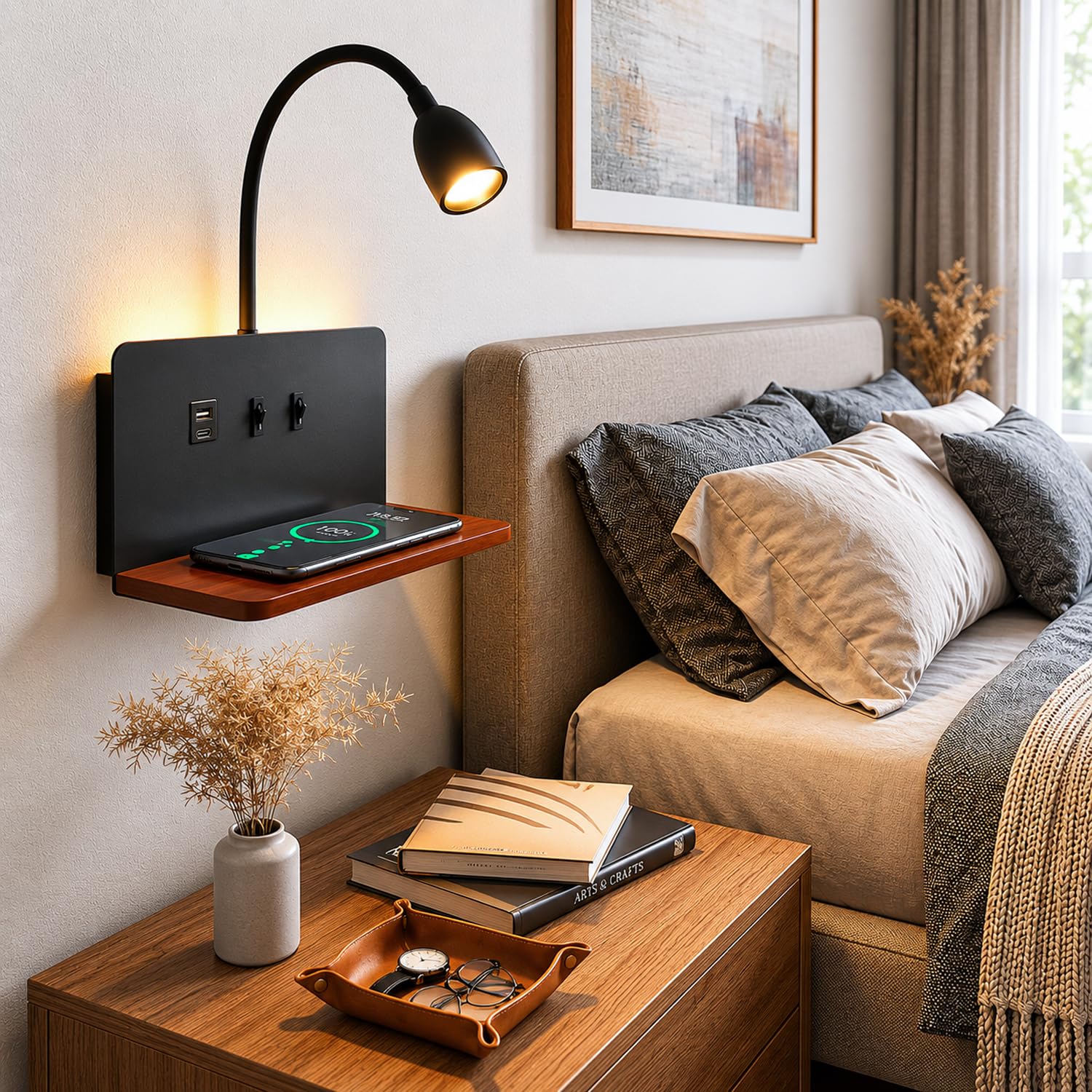 Schwarz LED Wandleuchte innen Holz Wandlampe schlafzimmer mit USB-A&USB-C Anschluss+15W Wireless Charger, Flexibler Schwanenhals Leselampe Bett 3 Farbtemperatur Modi, Bettlampe mit Stecker 1,5m Kabel