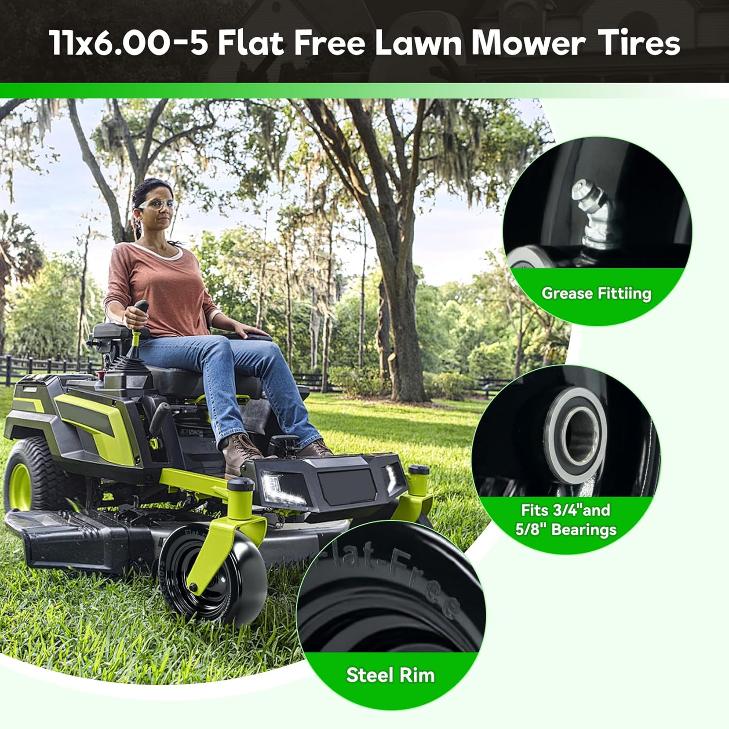 11x6.00-5” Tires for Zero Turn Mower, Flat Free Tires with 3/4" & 5/8" Bearings, 6"-8" Hub, 11x6x5 Solid Tire Fits Zero Turn Mowers and riding lawn mower, 400LBS (Black, 2 pack)