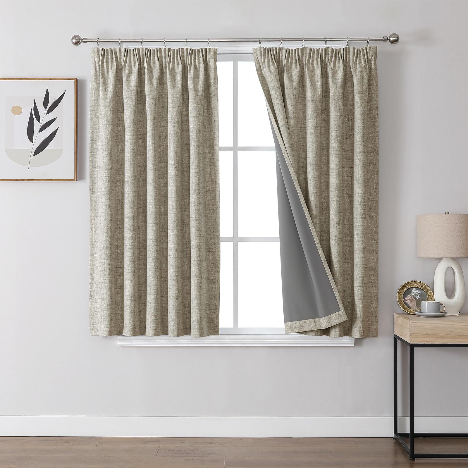 Joydeco 100% Blackout Curtains Bedroom 46 x 54 Inch Drop, Faux Linen Pencil Pleat Thermal Insulated Drapes with Coating Back Layers for Room Darkening Privacy Protection, 2 Panels, Linen Colour