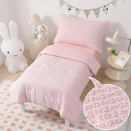 Miniatura 10 de Juego de ropa de cama de 4 piezas para niñas pequeñas de jacquard beige con pompones, bordado, bohemio, con lunares copetudos, juego de edredón para