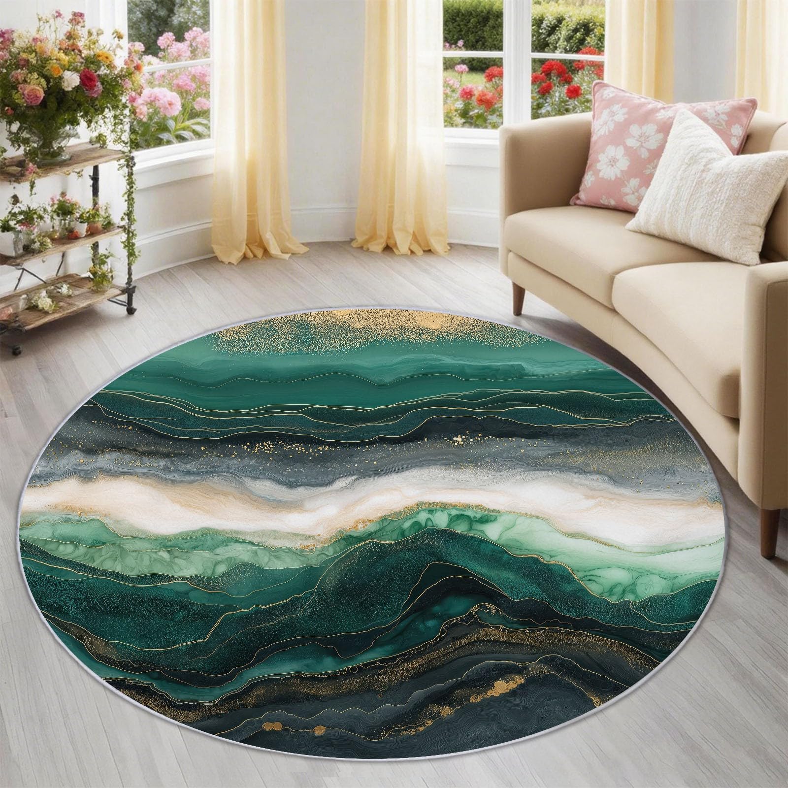 Tappeto rotondo moderno astratto marmorizzato per interni, 120 cm, orientale zen, a pelo basso, lavabile, rotondo, antiscivolo, per camera da letto, ragazzi, ragazze, multicolore
