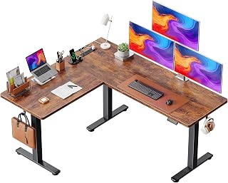 Huuger L Shaped Standing Desk with Power Outlets, 63 x 55 Inch Height Adjustable Computer Desk for Bedroom, Corner Stand up Desk for Home and Office, Work and Study, Rustic Brown
