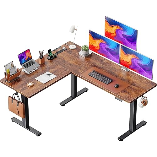 Huuger L Shaped Standing Desk with Power Outlets, 63 x 55 Inch Height Adjustable Computer Desk for Bedroom, Corner Stand up Desk for Home and Office, Work and Study, Rustic Brown