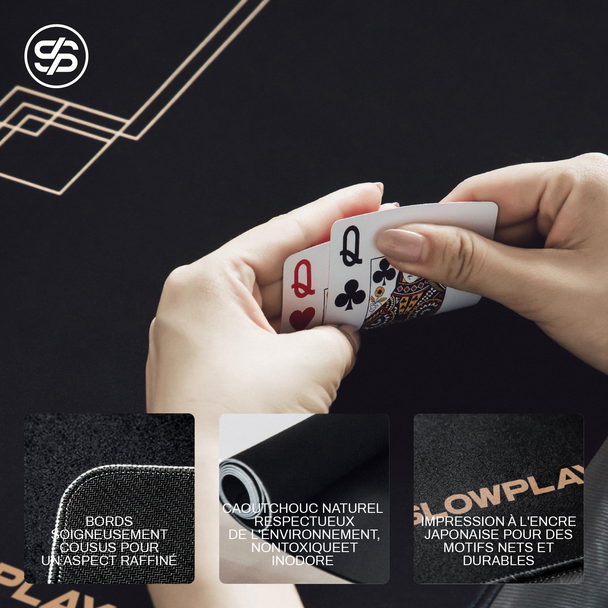 Tapis de poker SLOWPLAY Godel, déperlant, facile à nettoyer, noir/or