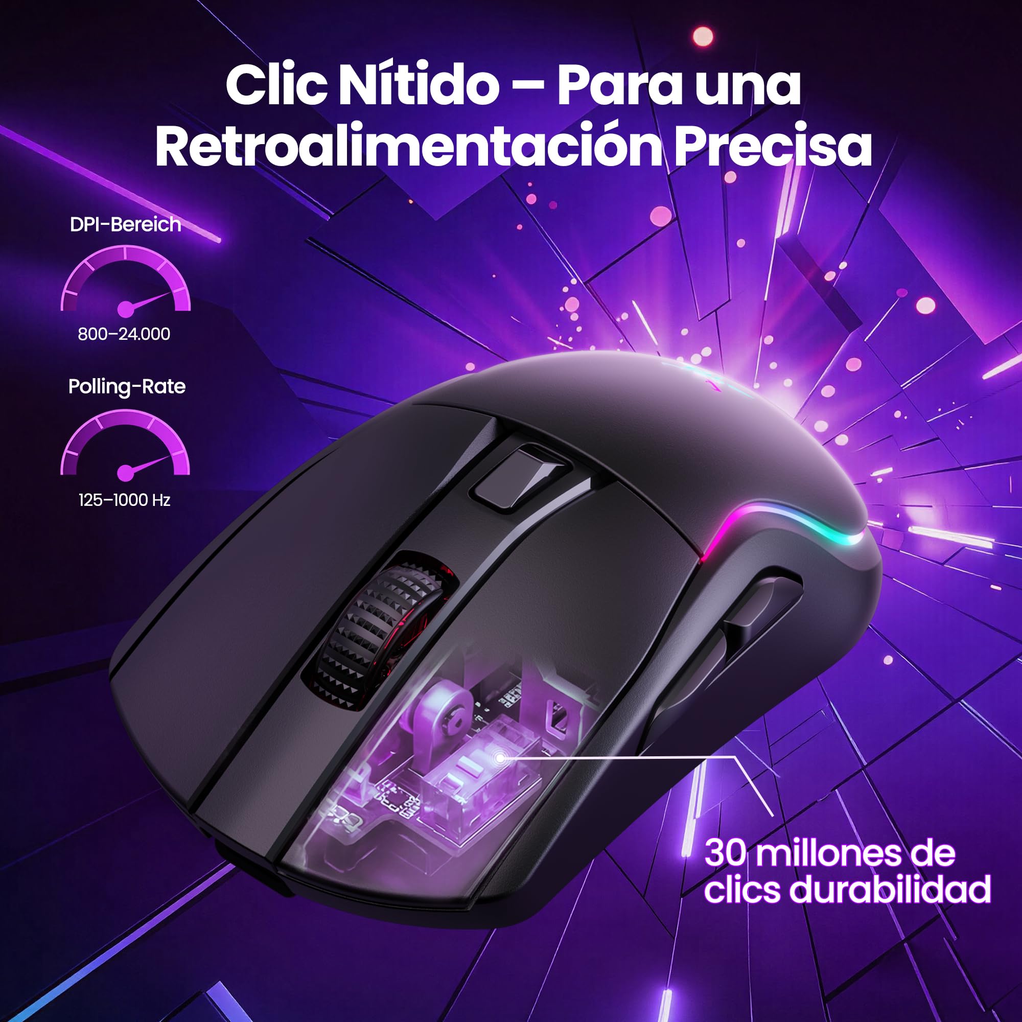 TECKNET Ratón Gaming Inalámbrico 24000 dpi, Conexión Bluetooth / 2.4G / USB-C, Recargable, 1000 Hz Tasa de Sondeo, 6 Botones Programables y Luces RGB Personalizables, Ergonómico para PC/Mac