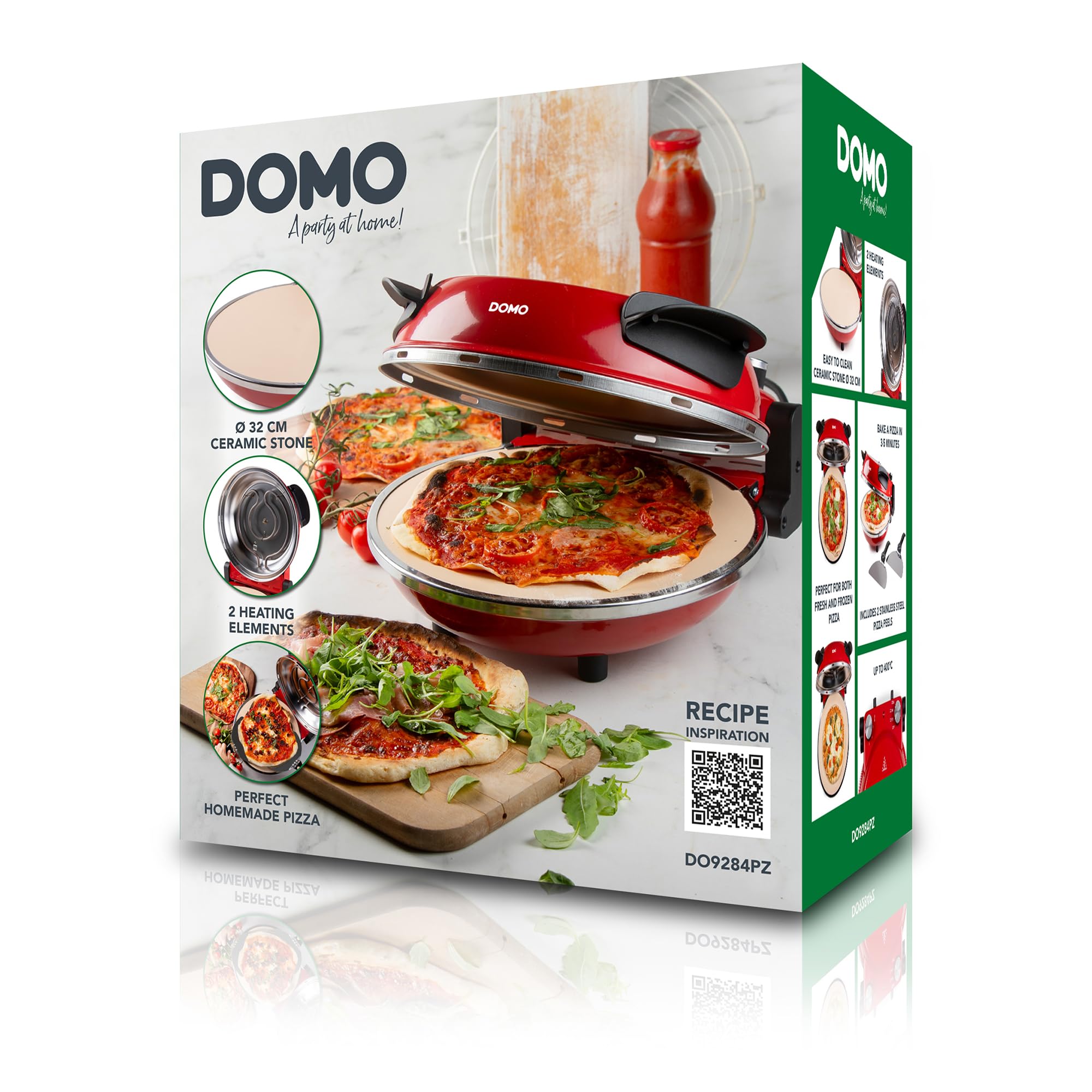 DOMO DO9284PZ Four à Pizza électrique 1200 W avec Pierre de Cuisson Ø 32 cm, Température Réglable jusqu'à 400°C, Inclus 2 Pelles à Pizza