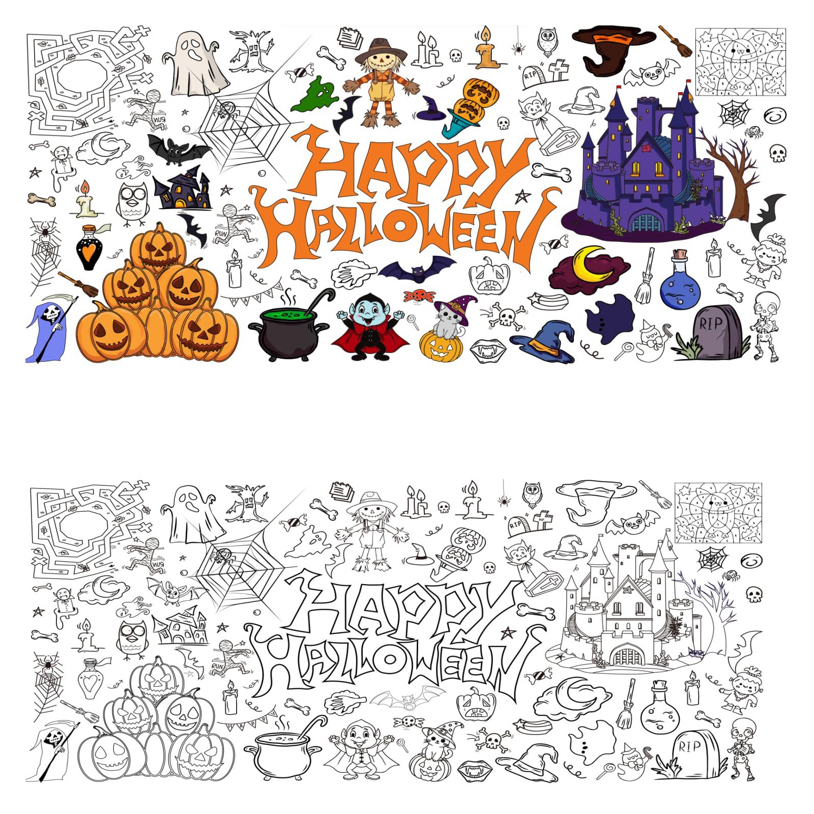 Eznaobo Halloween Coloring Tablecloth,30 x 72 Inch DIY Kids Party Tablecloth,Halloween Giant Colouring Poster Table Cloth for Kids, Boys Girls Birthday Gift, Craft Doodle Art