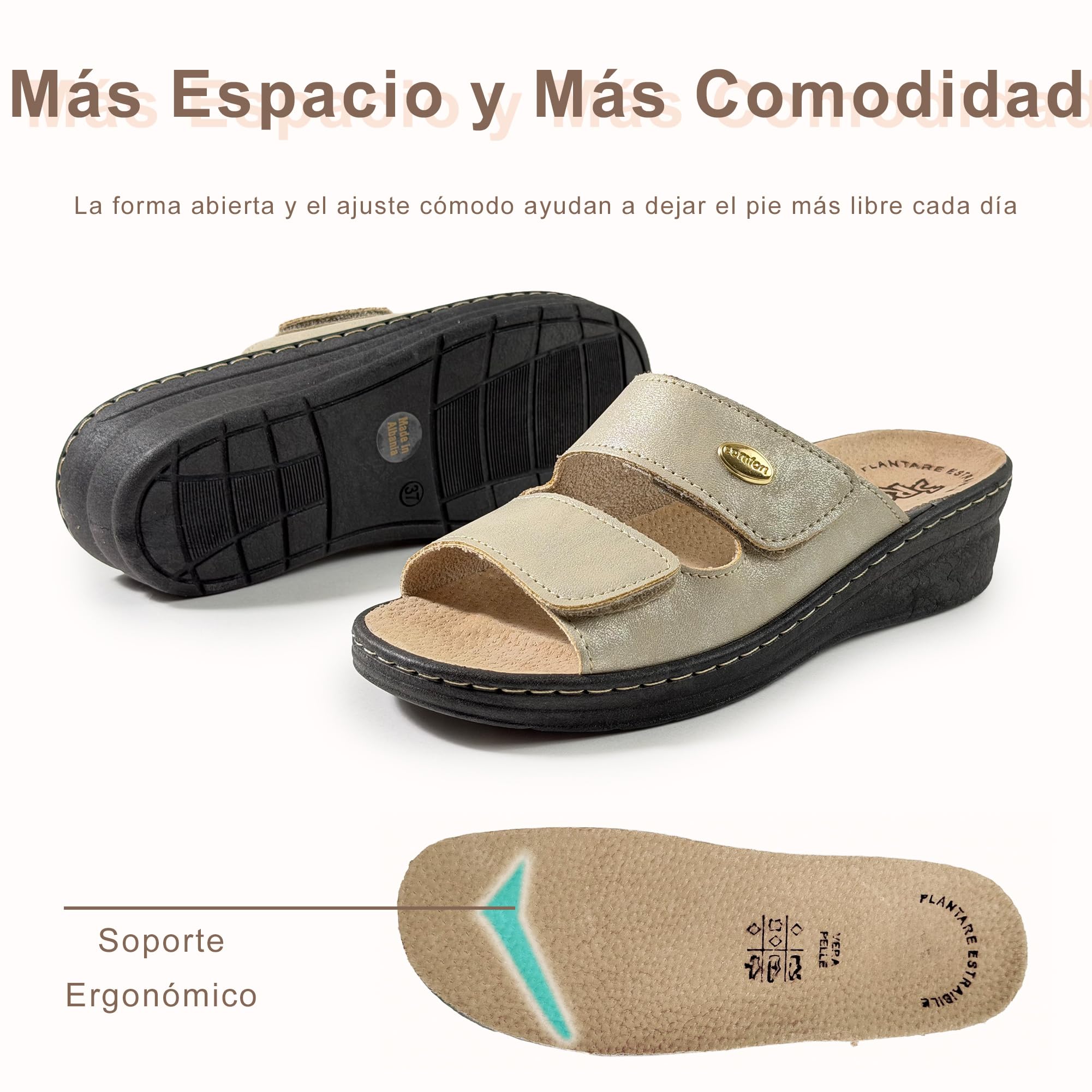 JOMIX Zapatillas Ortopédicas de Mujer con Cierre Ajustable Pantuflas de Verano Anatómicas y Ergonómicas Plantilla Extraíble de Piel Sandalias Cuña Cómoda para Pies Sensibles y Mayor