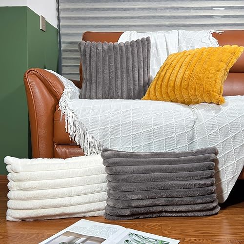 Miniatura 5 de Juego de 2 fundas de almohada de 20 x 20 pulgadas, fundas decorativas de piel sintética para cama, funda de almohada suave y esponjosa con respaldo