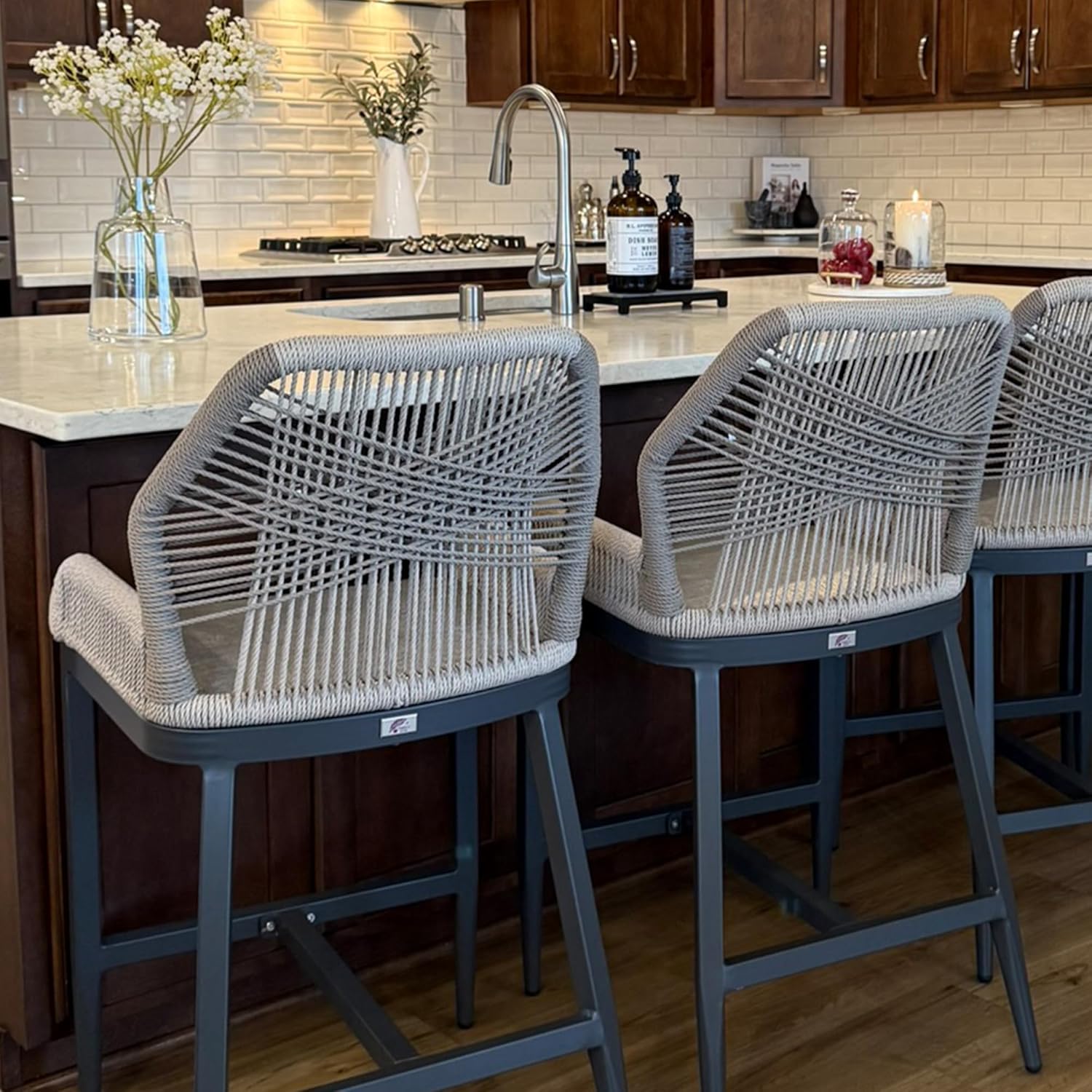 PURPLE LEAF 2 Pieces Bar Stools Patio Modern Rattan Barstools Aluminum Woven Tall Bar Chairs with Cushions for Outdoor Kitchen Island Garden