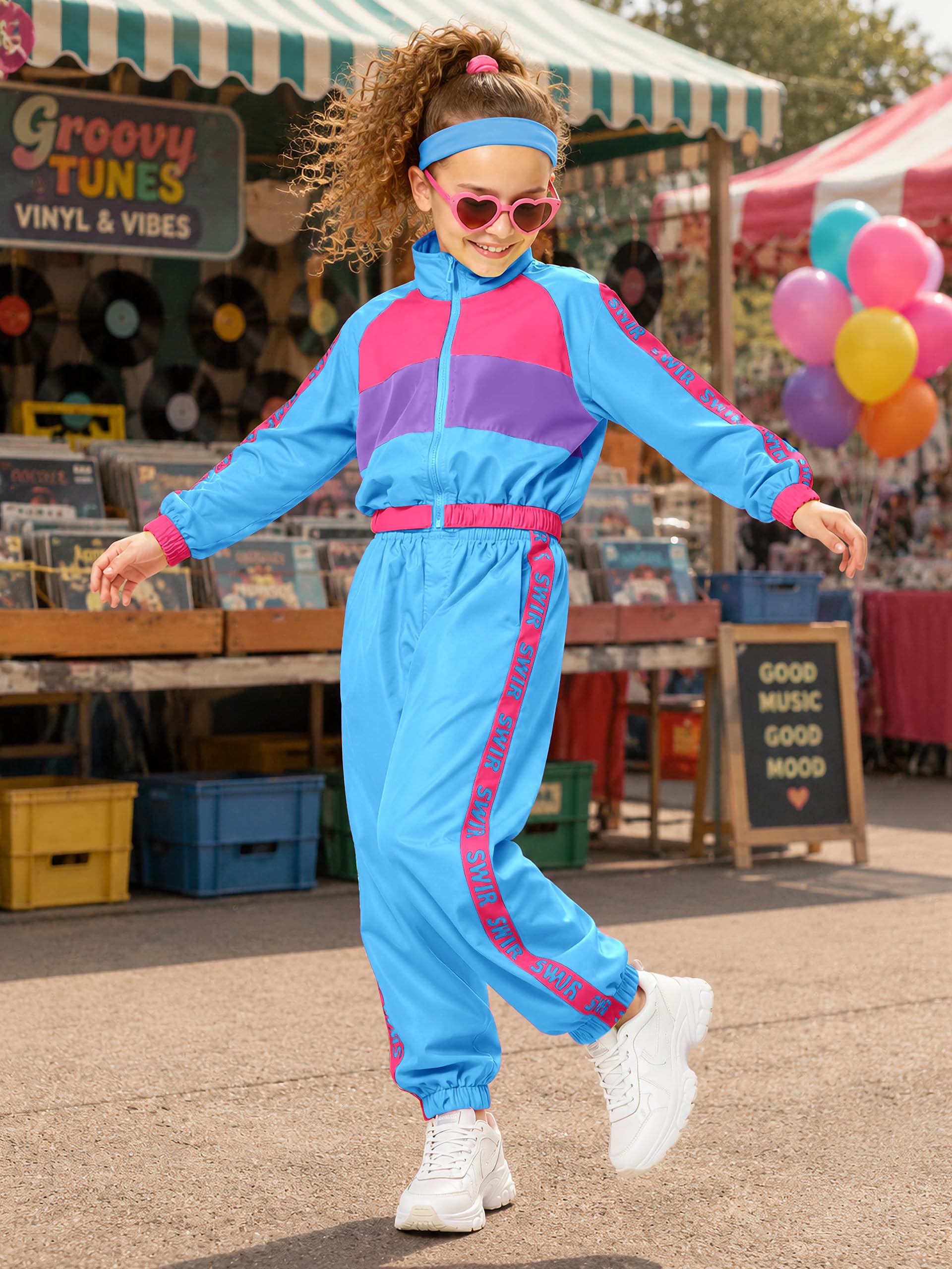 LOLANTA 3 pezzi vestiti hip hop per ragazze, tuta colorblock retrò anni '80, canotta corta, giacca con cerniera, pantaloni jogger 4-13 anni