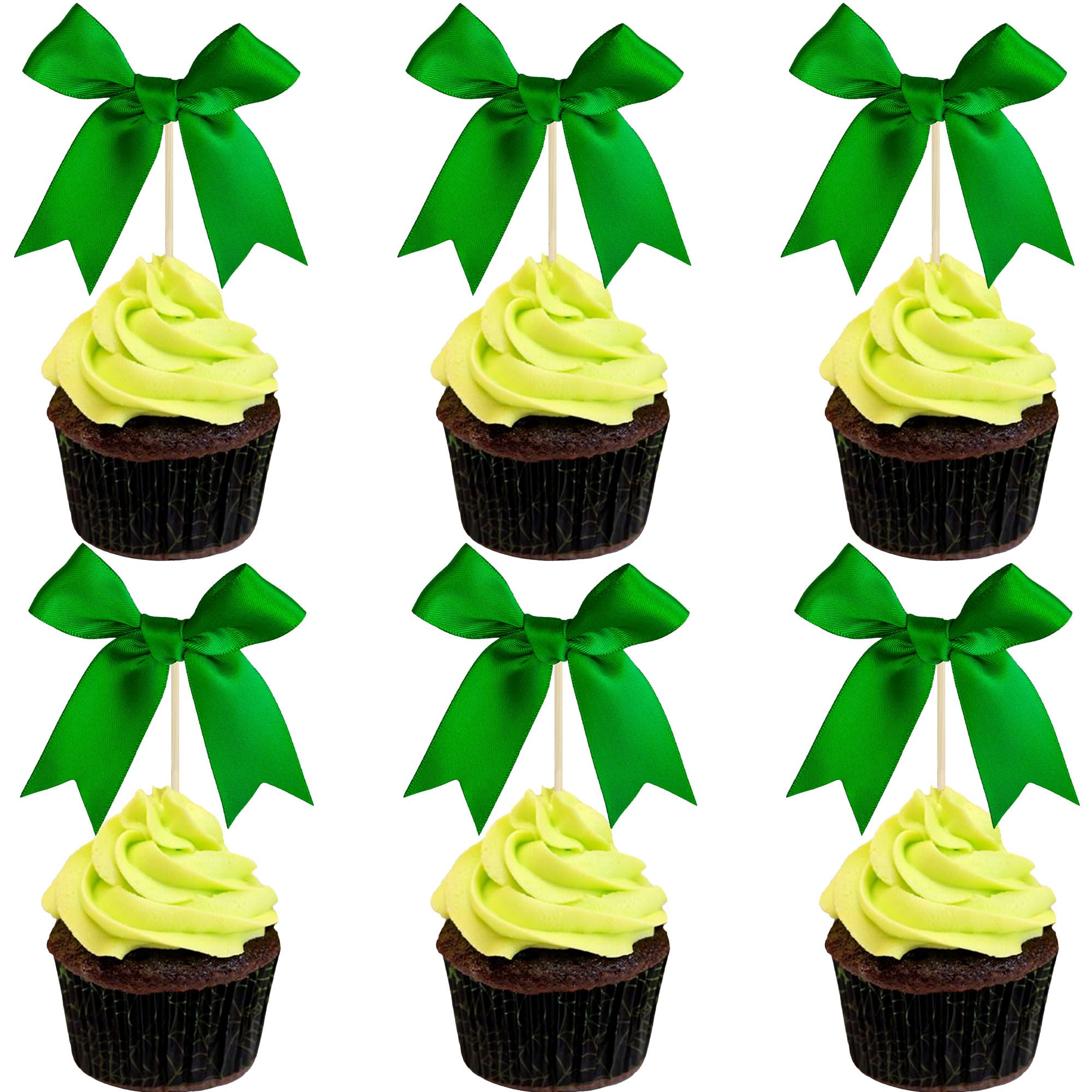 Gyfise 24Pcs Bow Cupcake Toppers Bowknot Coquette Bow Girls Birthday Cake Decorations Bowknot Cupcake Picks for Baby Shower Birthday Wedding Bridal Engagement Party Supplies Dark Green