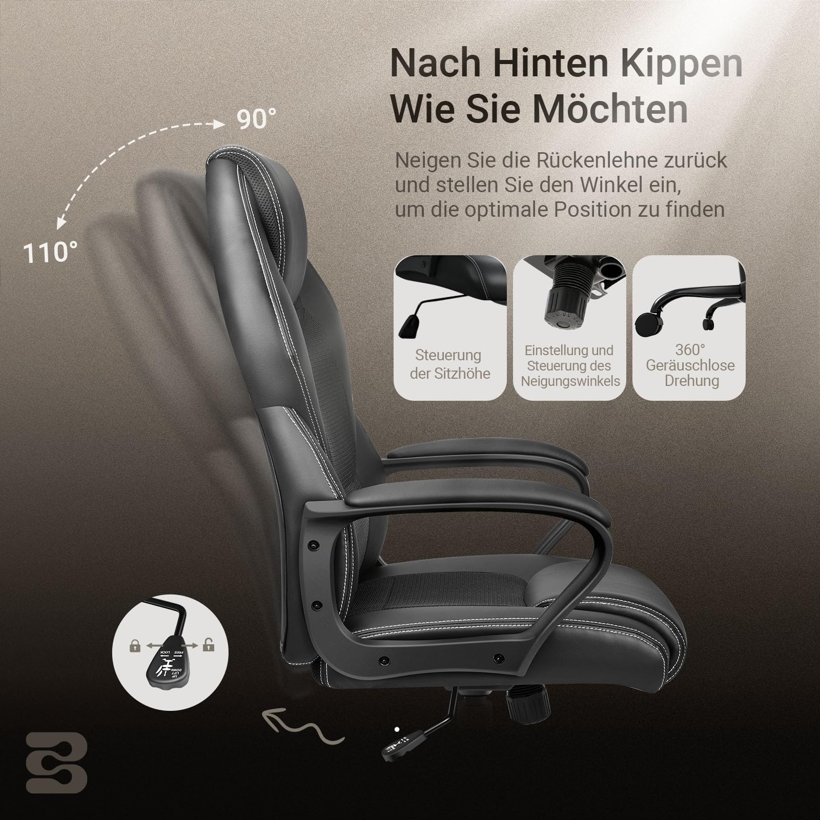 BASETBL Bürostuhl Chefsessel 150kg Schreibtischstuhl, Bürosessel Office Chair Gaming Stuhl, Bürostühle ergonomisch PU Leder, PC Stuhl Drehstuhl Hat weiche gepolsterte Armlehnen, Wippfunktion, schwarz