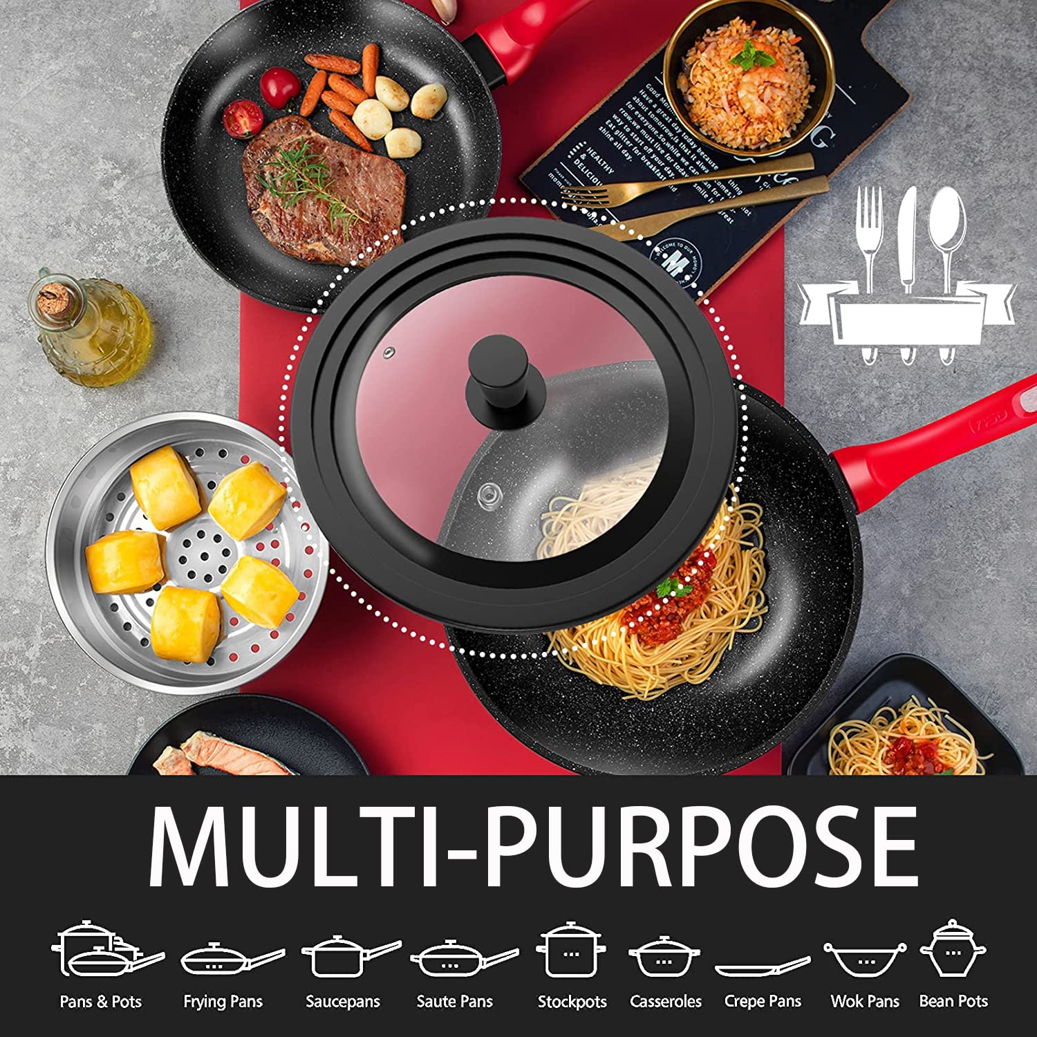 Universal Lid for Pots, Pans and Skillets - Tempered Glass with Heat Resistant Silicone Rim and Heat Resistant Handle Fits 9.5