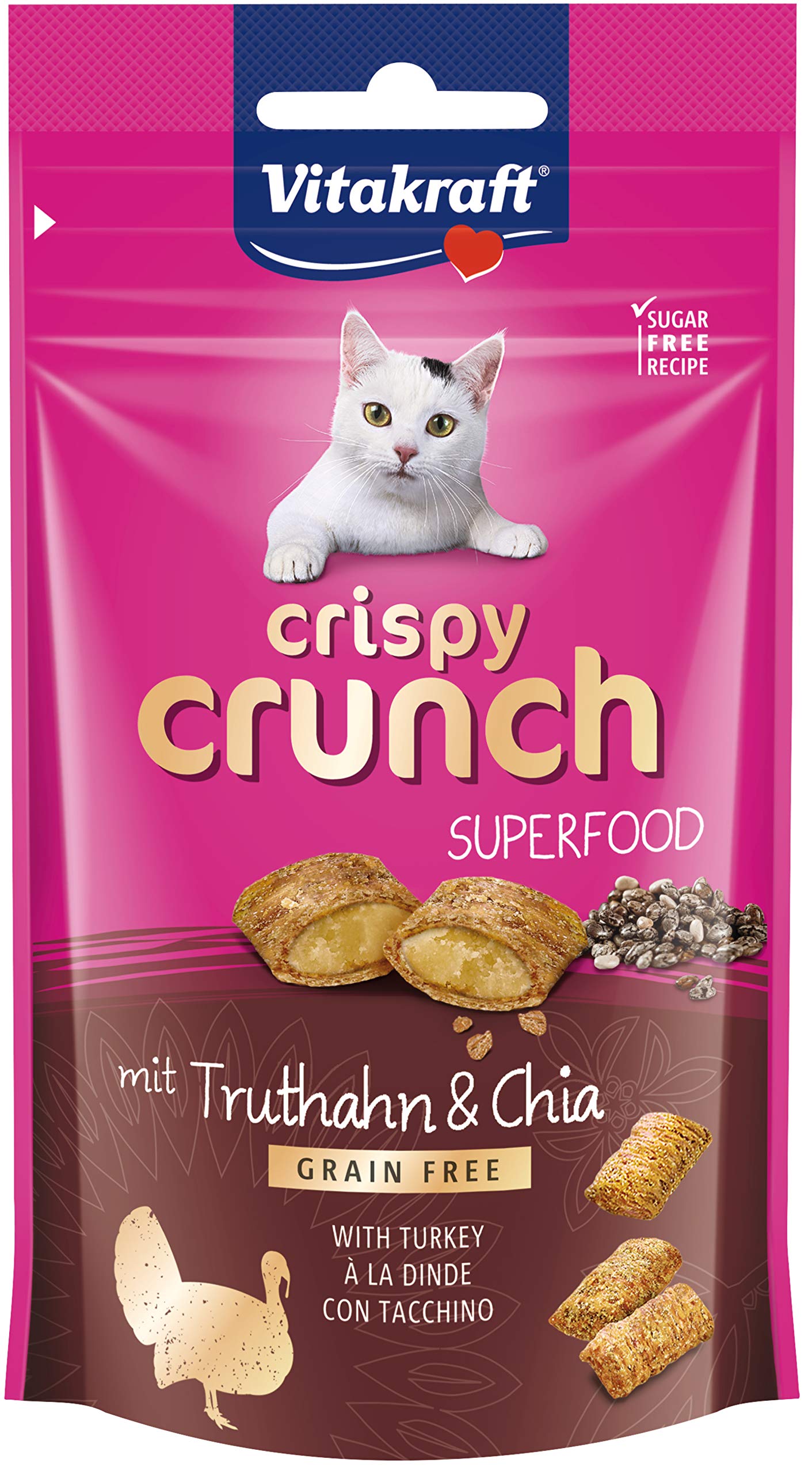 Vitakraft - Crispy Crunch Superfood, Snacks para Gatos Crujientes con Pavo y Semillas de Chía - 60 g