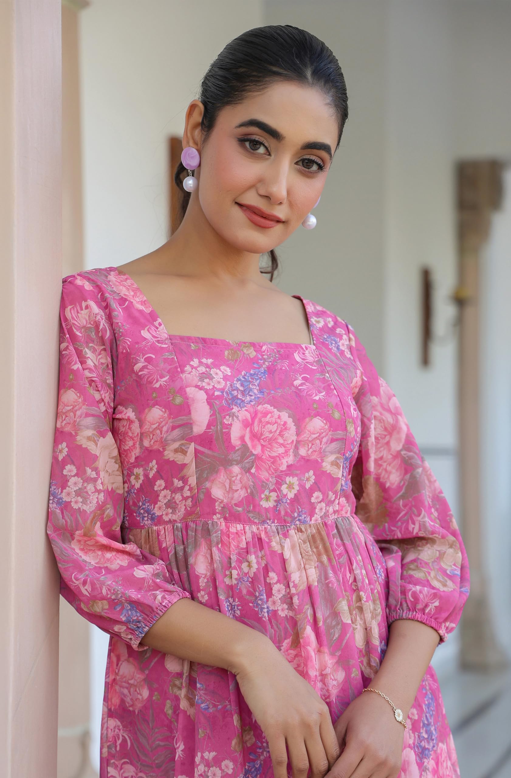 Janasya Robe à volants en georgette à motif floral lavande Dobby pour femme