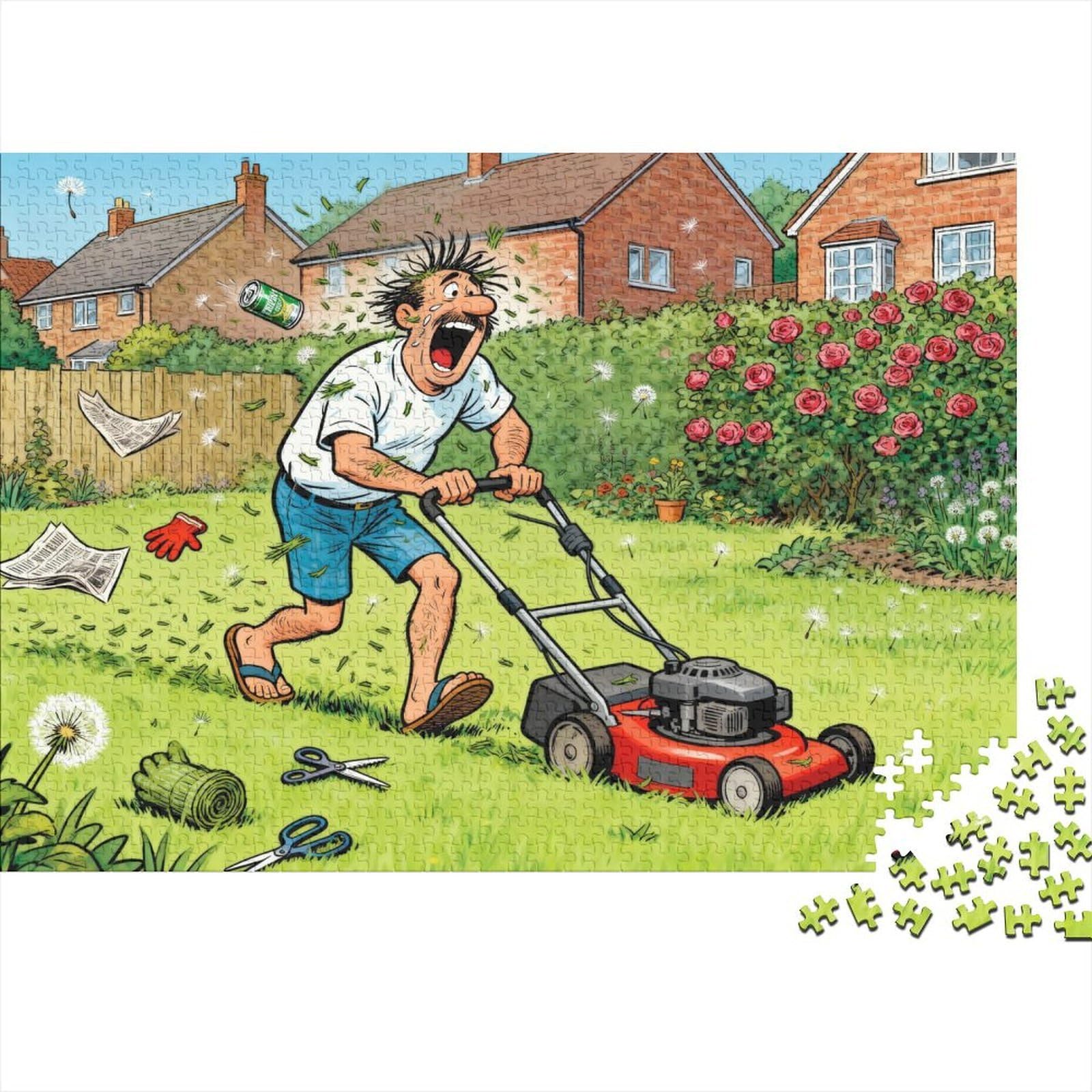 Mowing The Lawn on A Sunday Morning Wooden Jigsaw Puzzle Waterproof 1000 Piece Puzzles for Adults Colourful Home Decoration — image 1