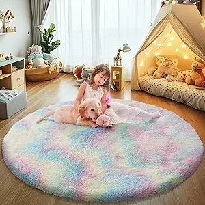 Rainbow Fluffy Round Area Rugs for Bedroom,6'X6'Shag Circle Area Rugs for Girls Room,Non Slip Fuzzy Plush Rug for Kids Room Living Room and Dorm Home Decor Rug