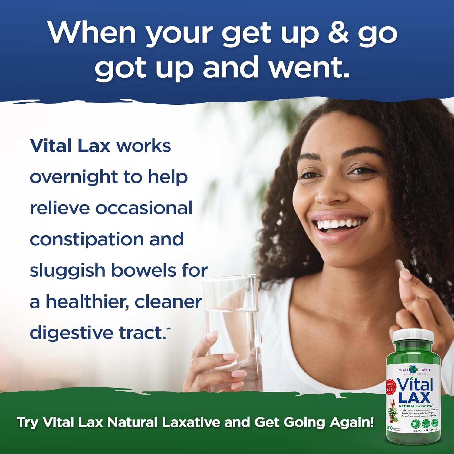 Vital Planet - Vital Lax Natural Laxative Cleanse Supplement for Occasional Constipation, with Magnesium Hydroxide, Slippery Elm, Aloe, and Triphala to Support Bowel Regularity 100 Capsules